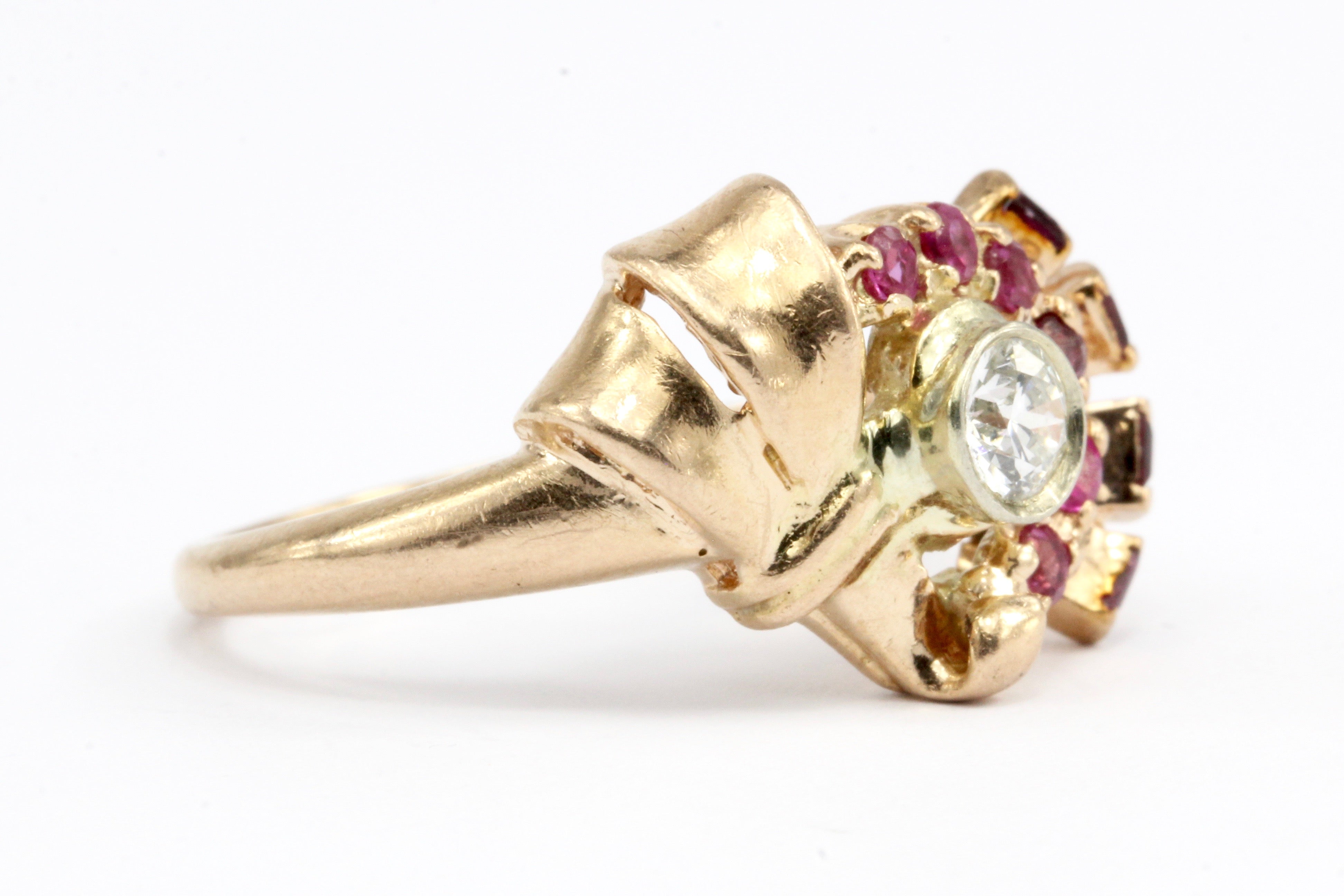 Retro 1940s 14K Rose Gold Diamond and Ruby Stylized Bow Ring Size 7 - Queen May