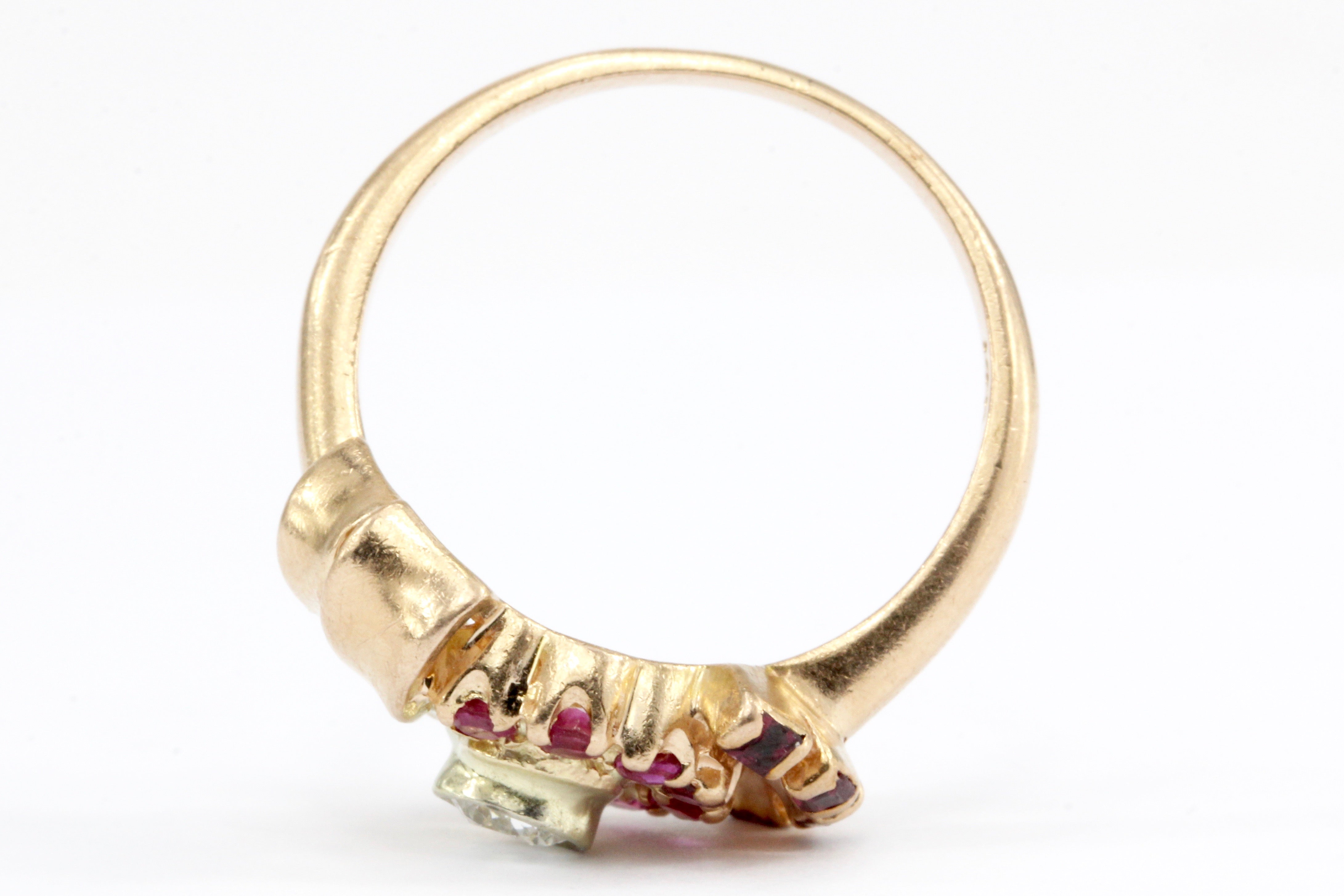 Retro 1940s 14K Rose Gold Diamond and Ruby Stylized Bow Ring Size 7 - Queen May