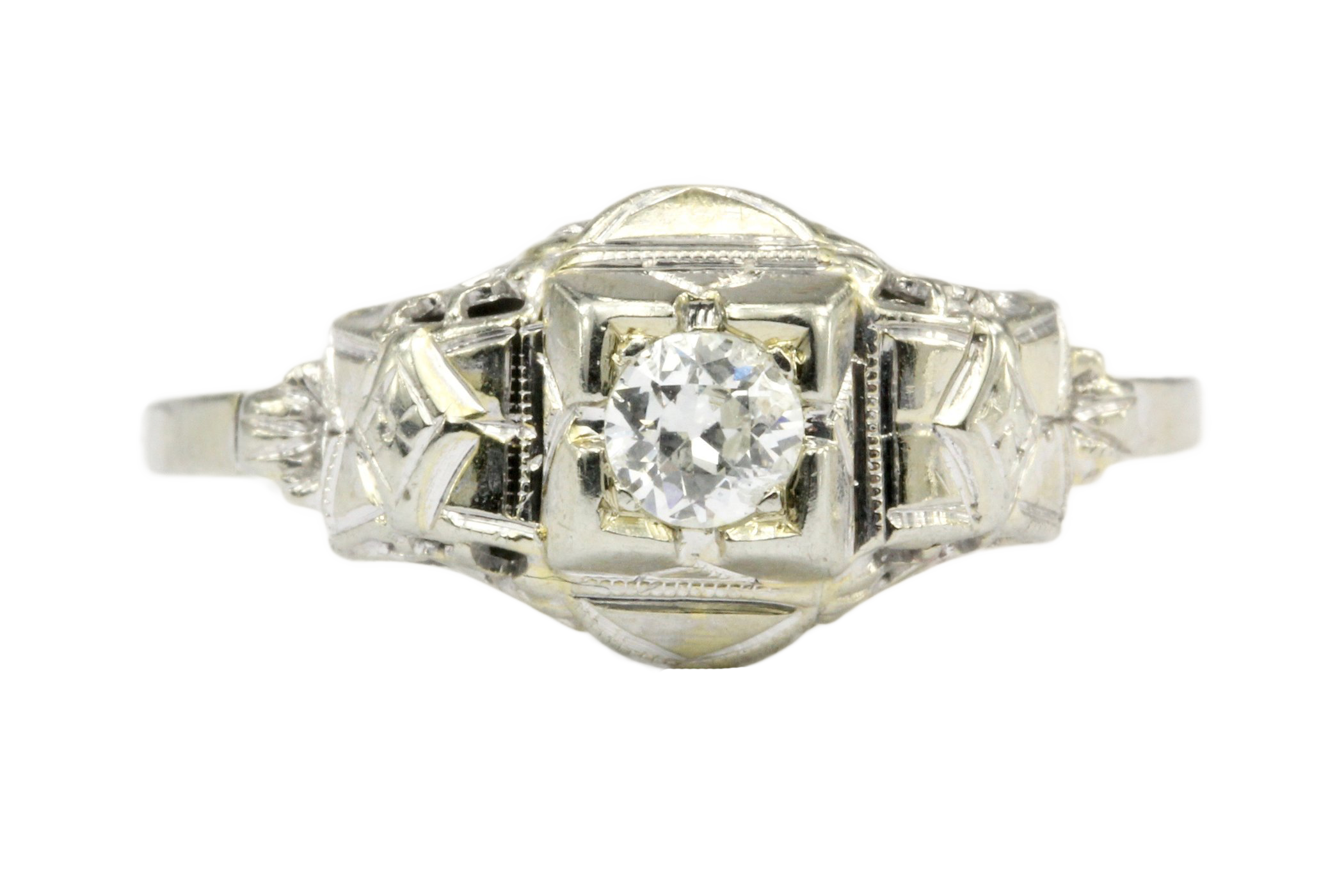 Art Deco 18K White Gold Diamond Engagement Ring Size 7.25 - Queen May