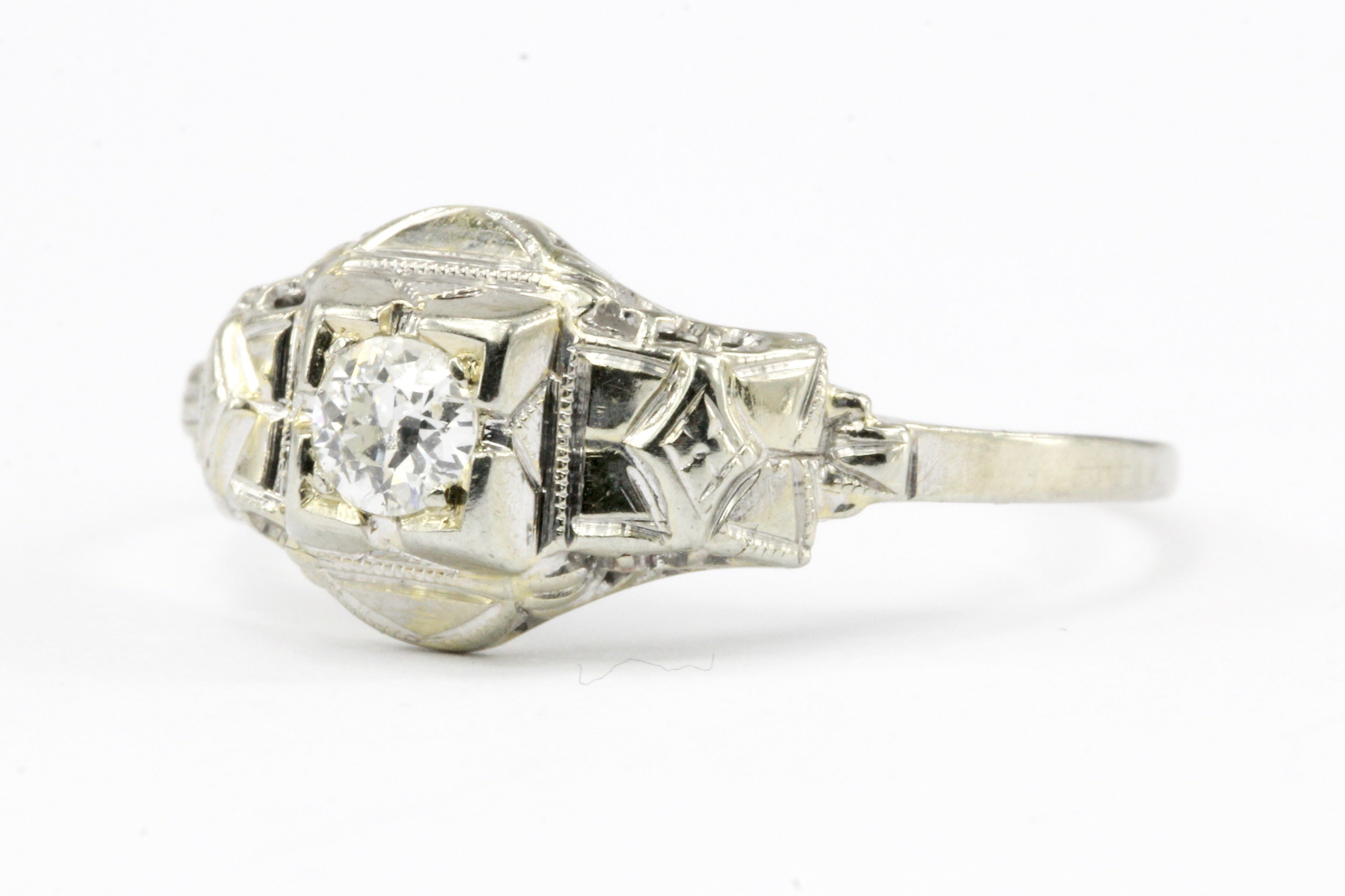 Art Deco 18K White Gold Diamond Engagement Ring Size 7.25 - Queen May