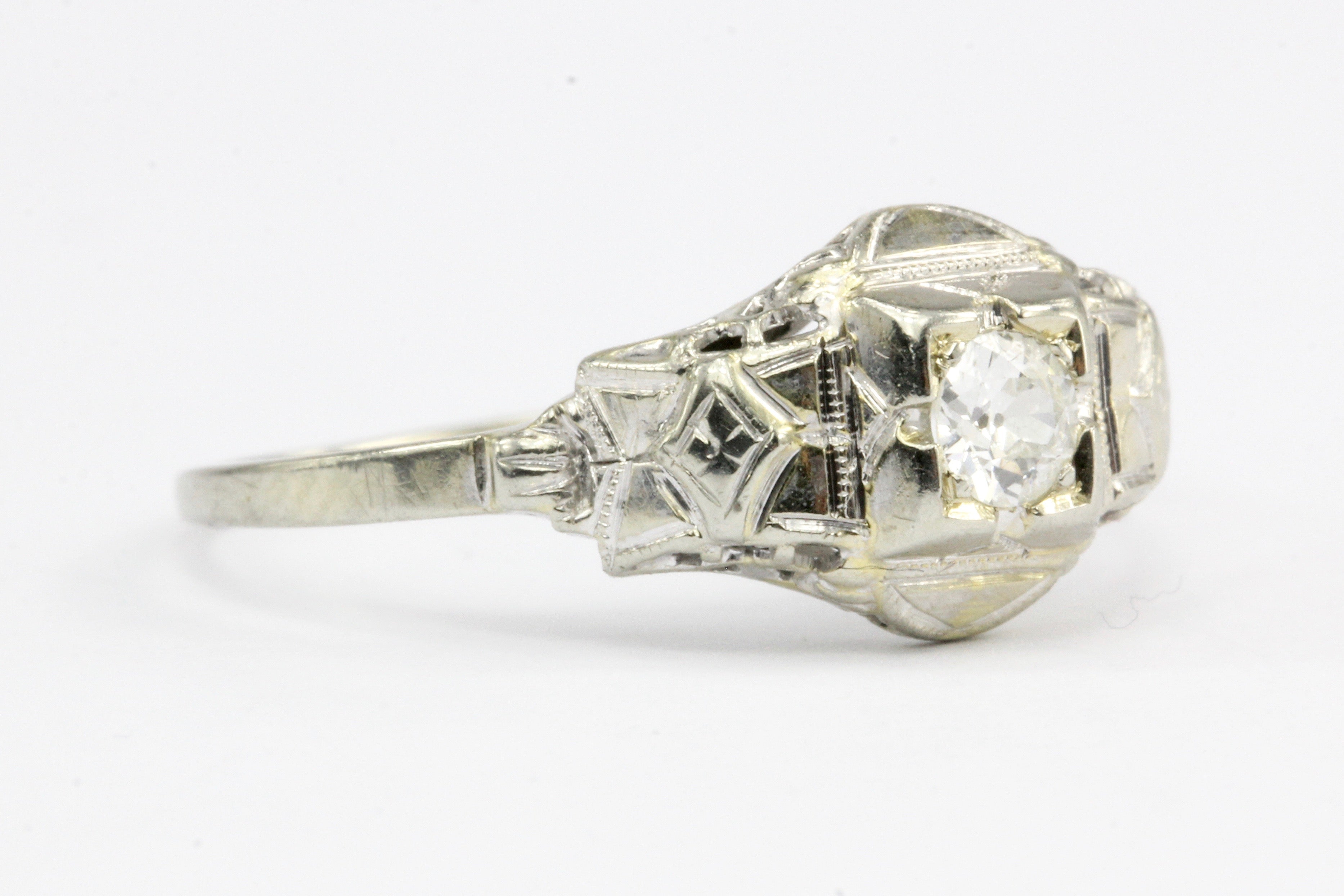 Art Deco 18K White Gold Diamond Engagement Ring Size 7.25 - Queen May