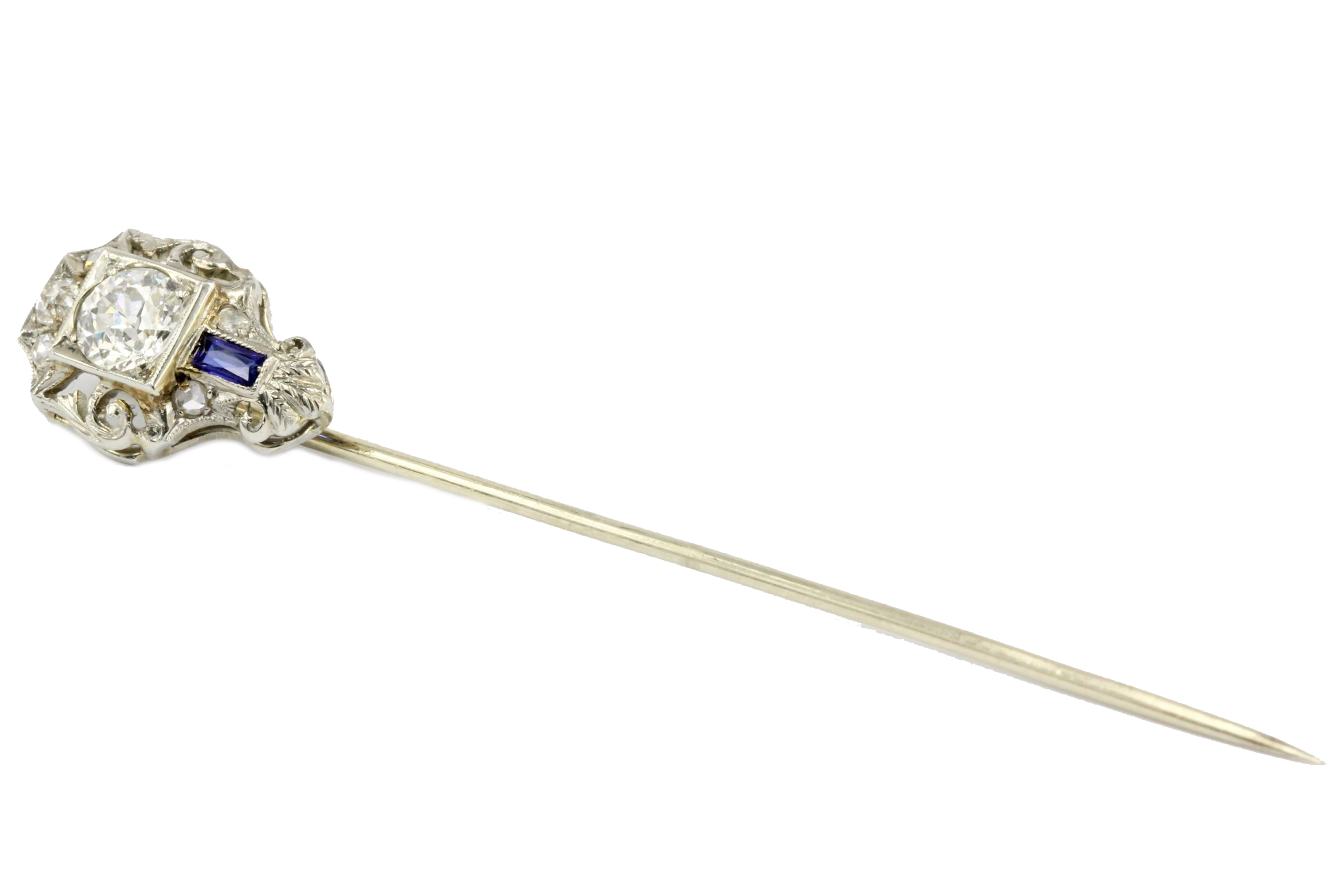Art Deco 18K White Gold Old European Cut Diamond and Sapphire Stick Pin - Queen May