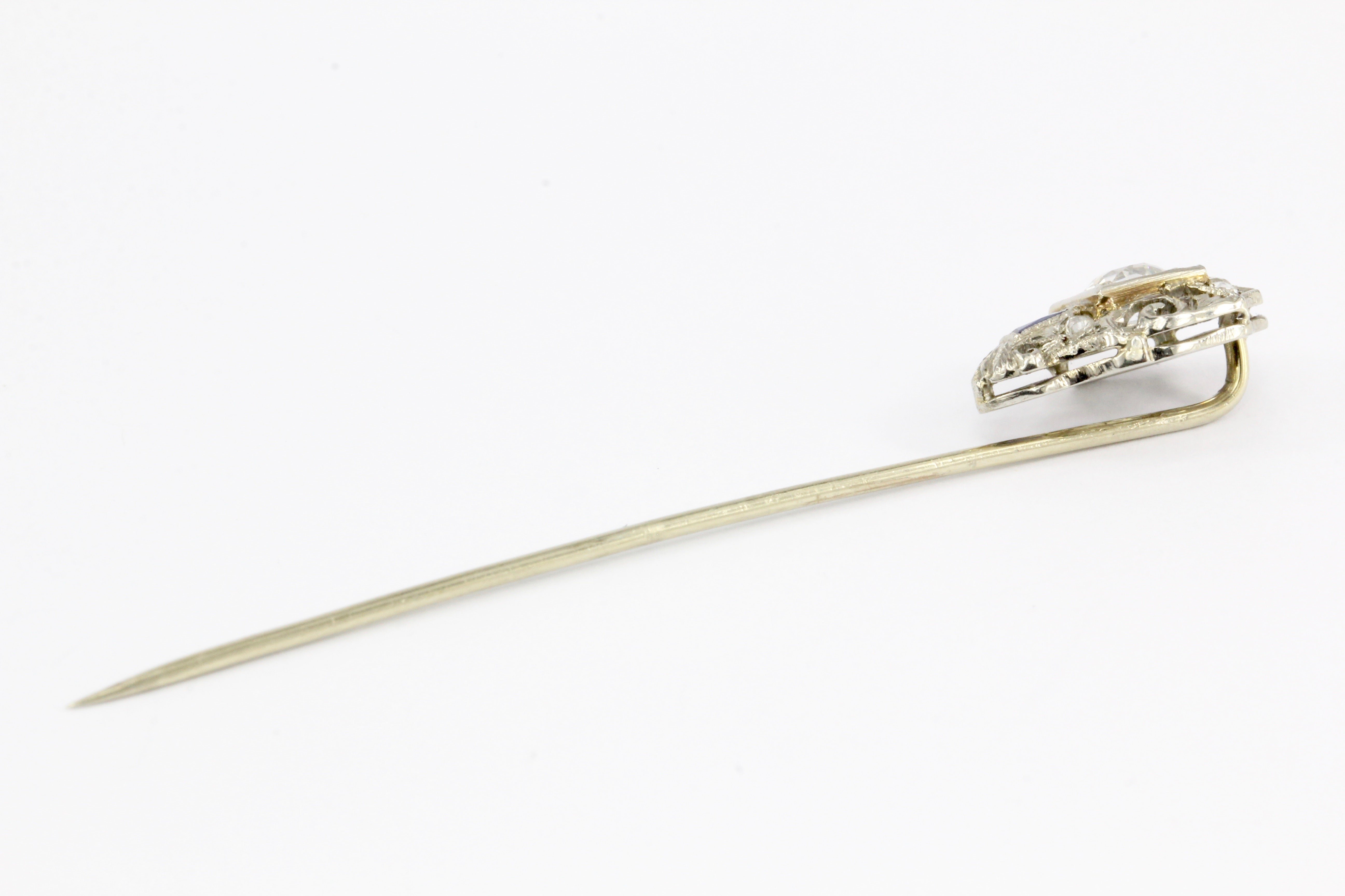 Art Deco 18K White Gold Old European Cut Diamond and Sapphire Stick Pin - Queen May