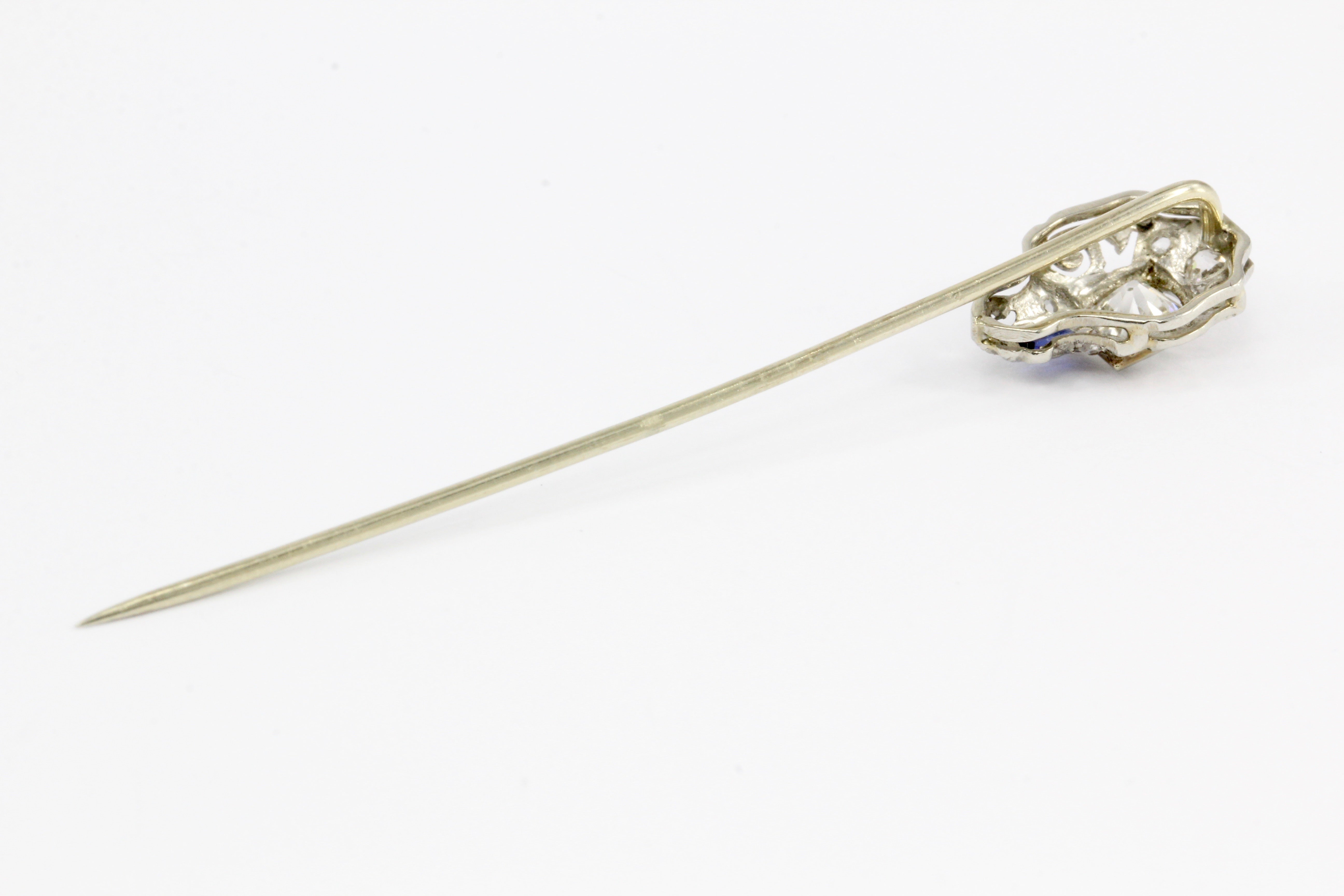 Art Deco 18K White Gold Old European Cut Diamond and Sapphire Stick Pin - Queen May