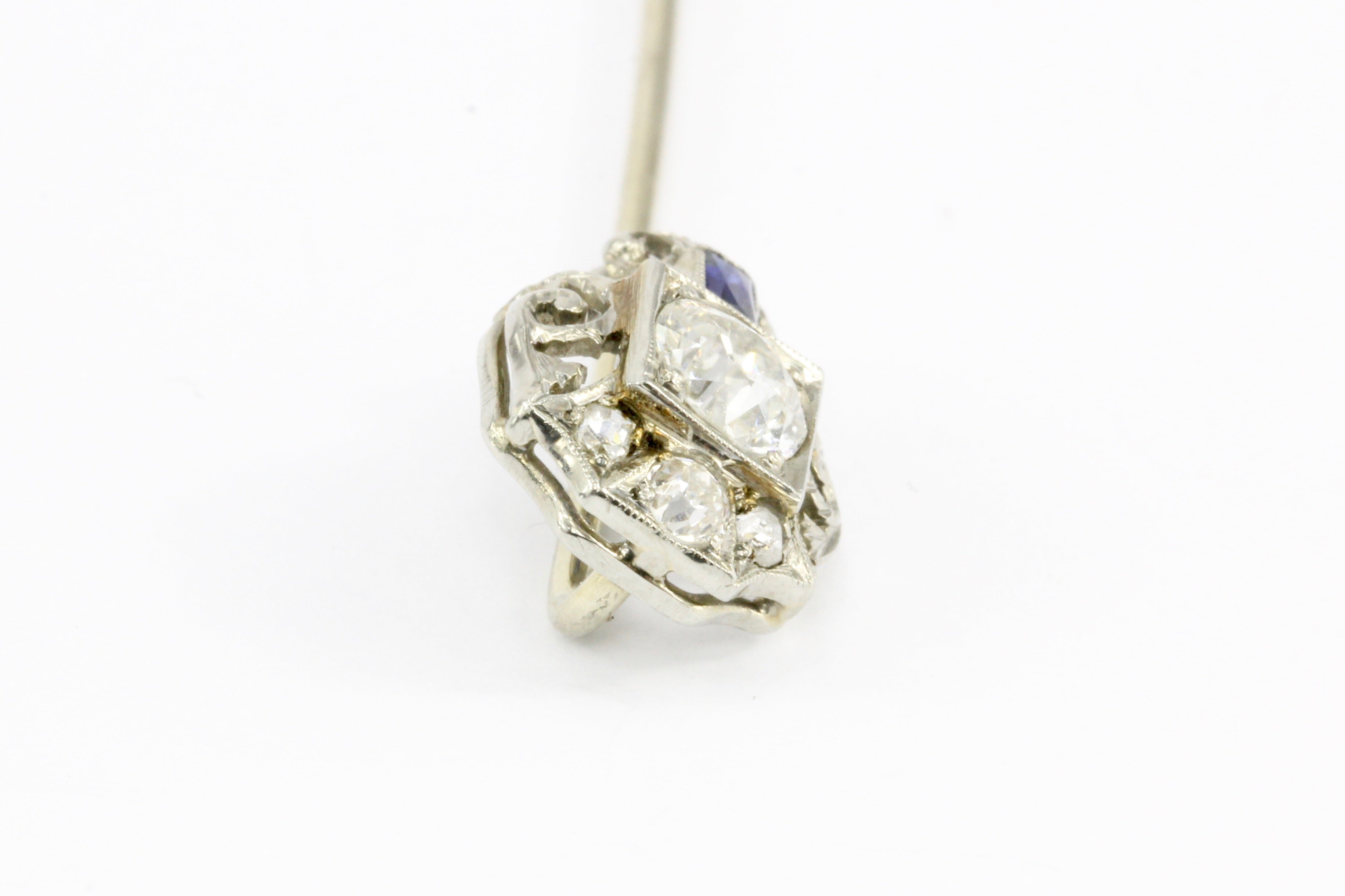 Art Deco 18K White Gold Old European Cut Diamond and Sapphire Stick Pin - Queen May