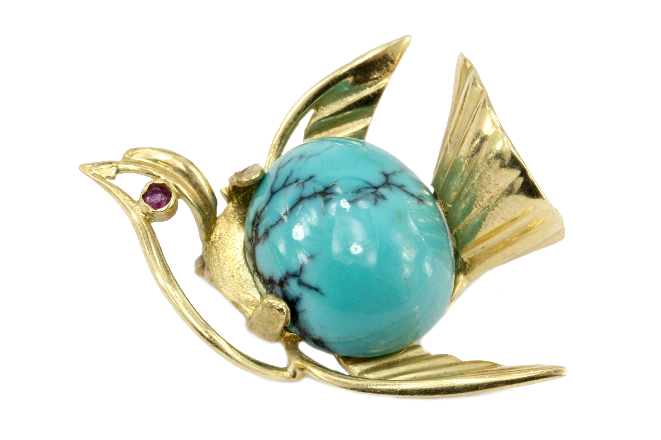 Vintage 14K Yellow Gold Turquoise Bird Pin - Queen May
