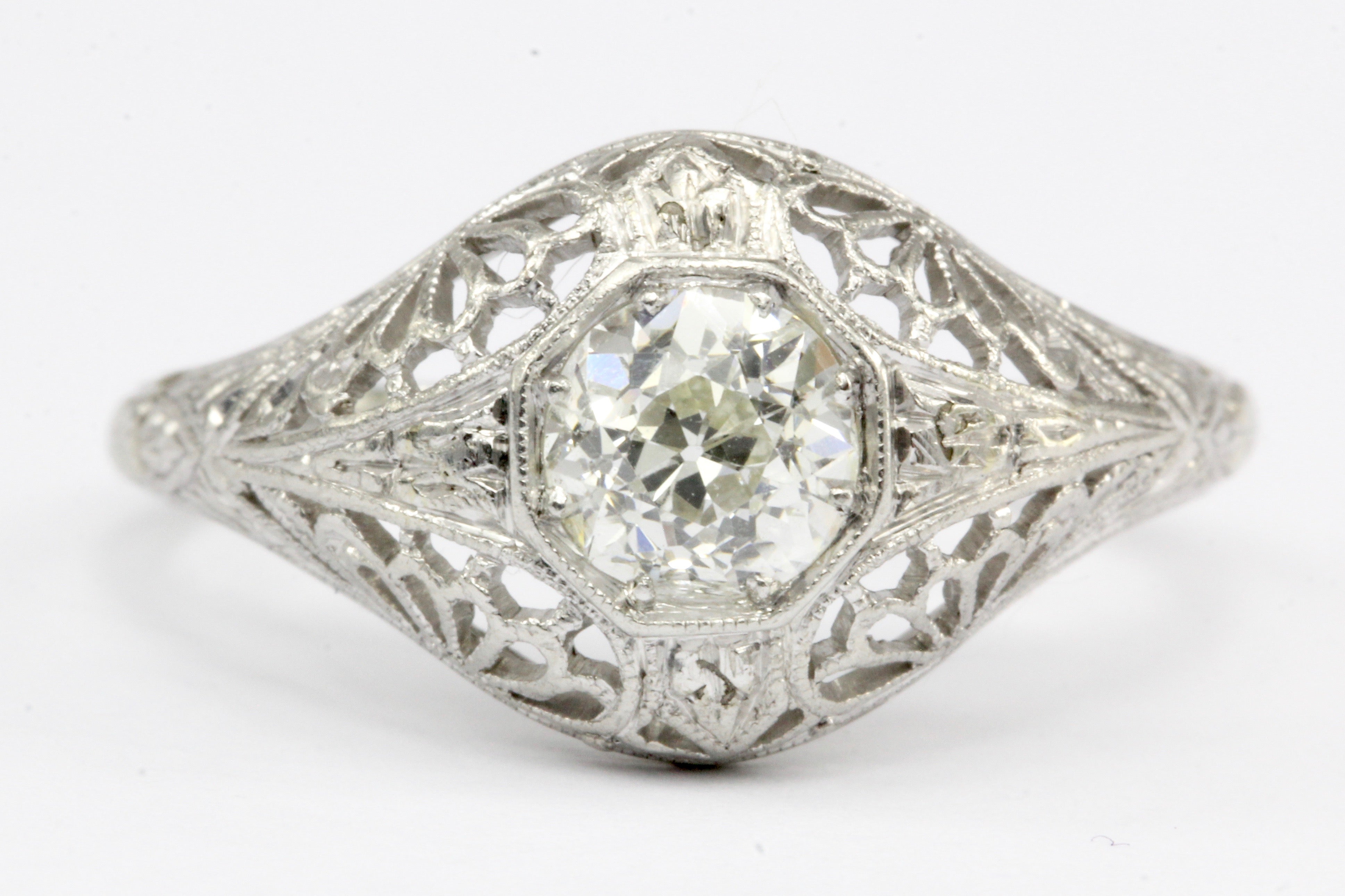 Art Deco 19K White Gold Diamond Filigree Engagement Ring Size 6.5 - Queen May