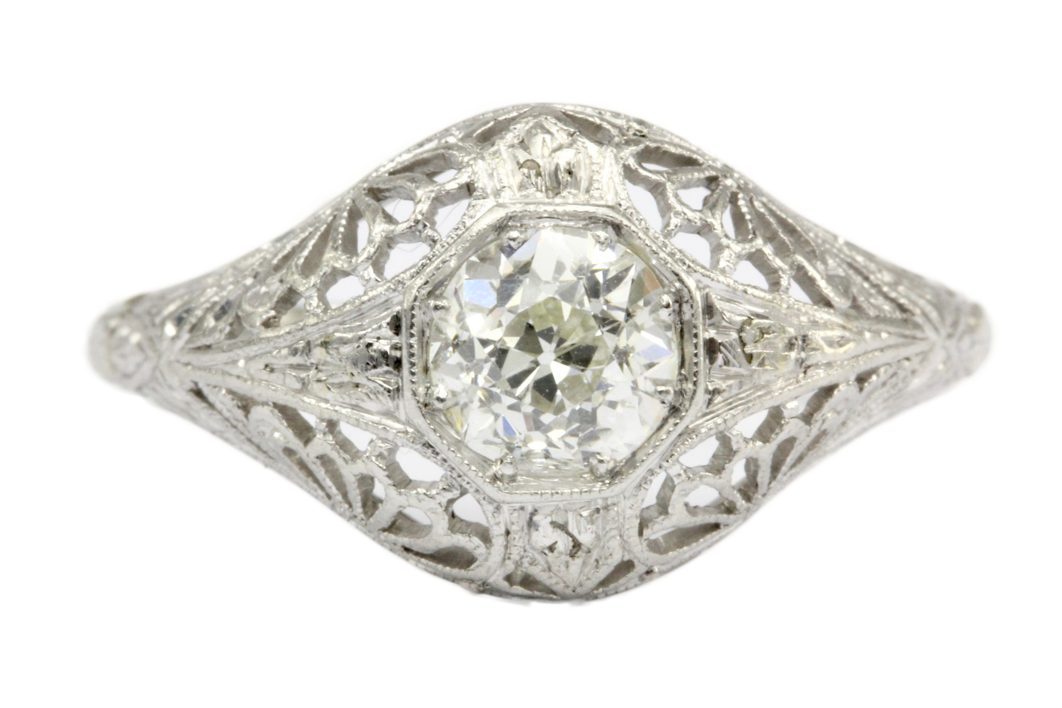 Art Deco 19K White Gold Diamond Filigree Engagement Ring Size 6.5 - Queen May