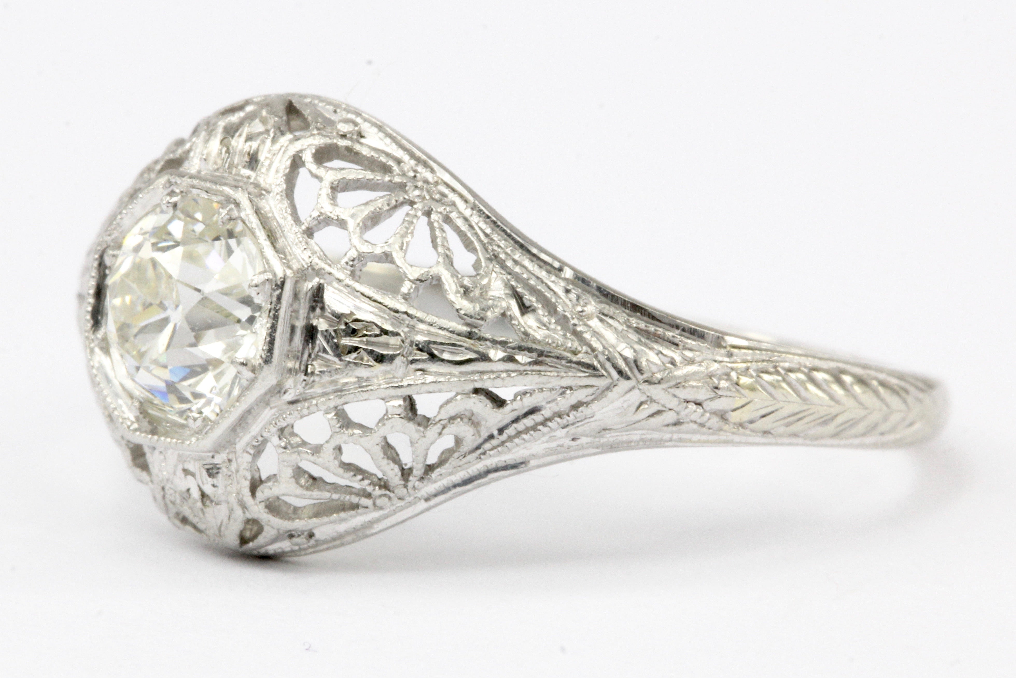 Art Deco 19K White Gold Diamond Filigree Engagement Ring Size 6.5 - Queen May