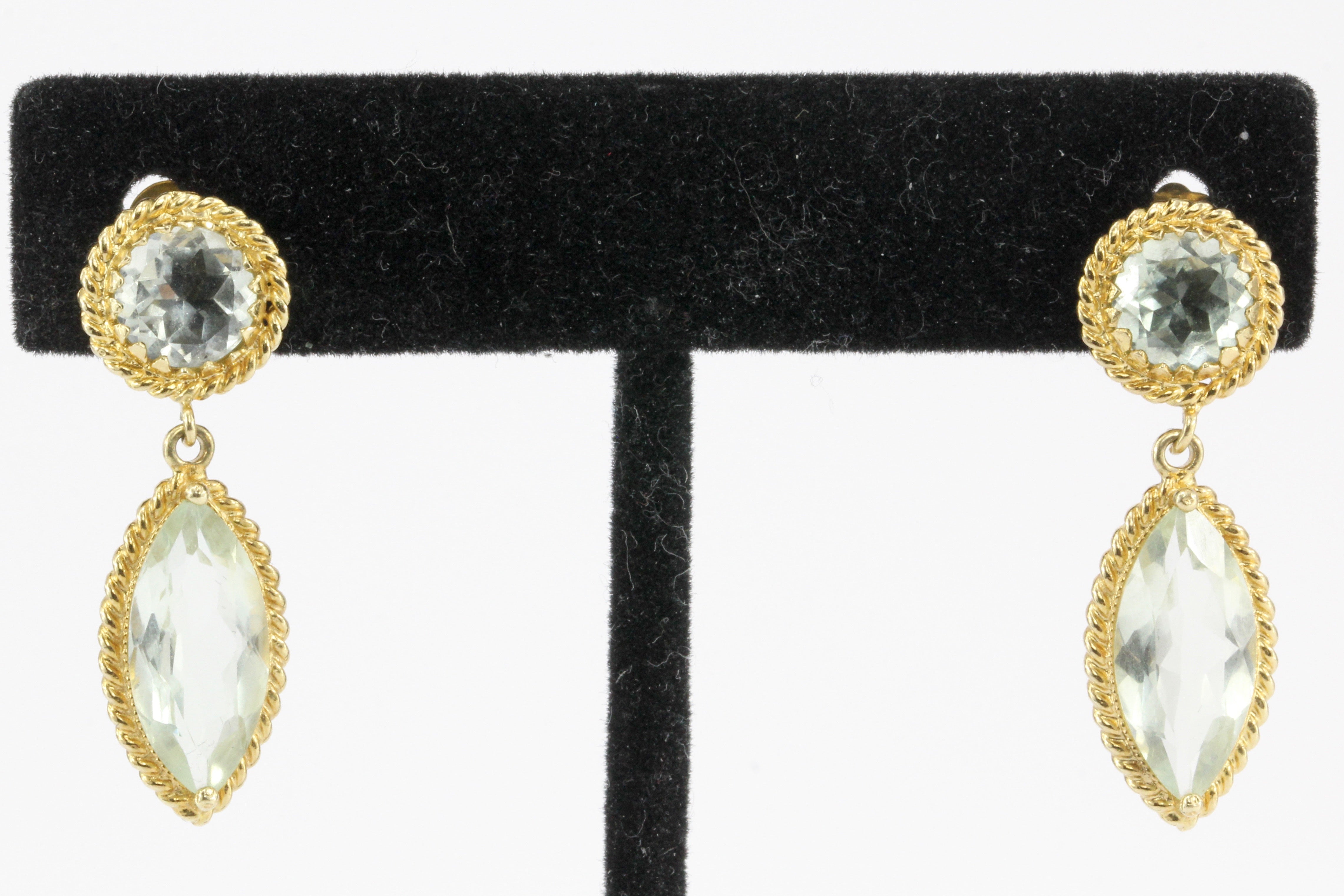 14K Yellow Gold Round & Marquise Aquamarine Drop Earrings - Queen May