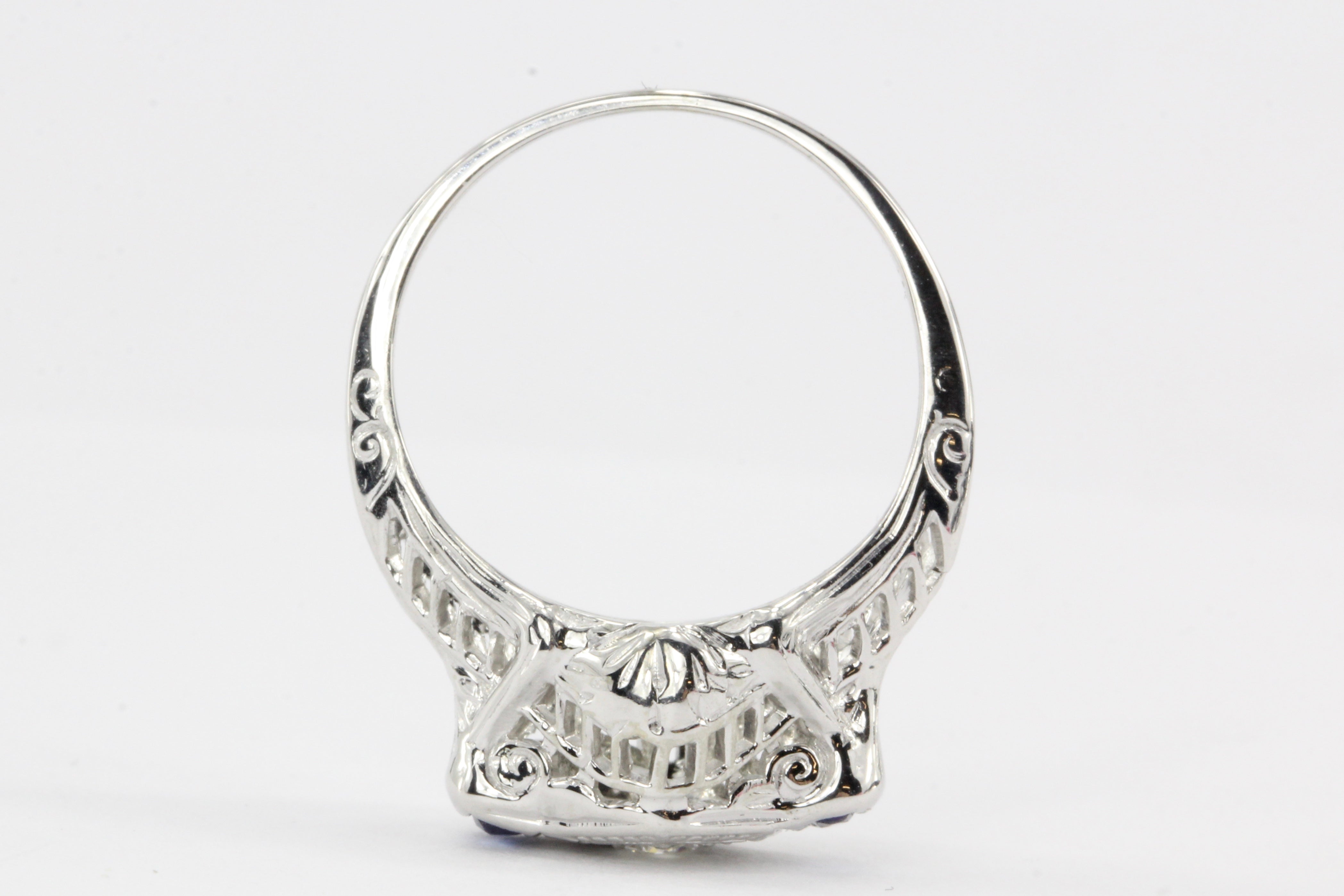 Art Deco 18K White Gold Diamond  & French Cut Sapphires Engagement Ring - Queen May