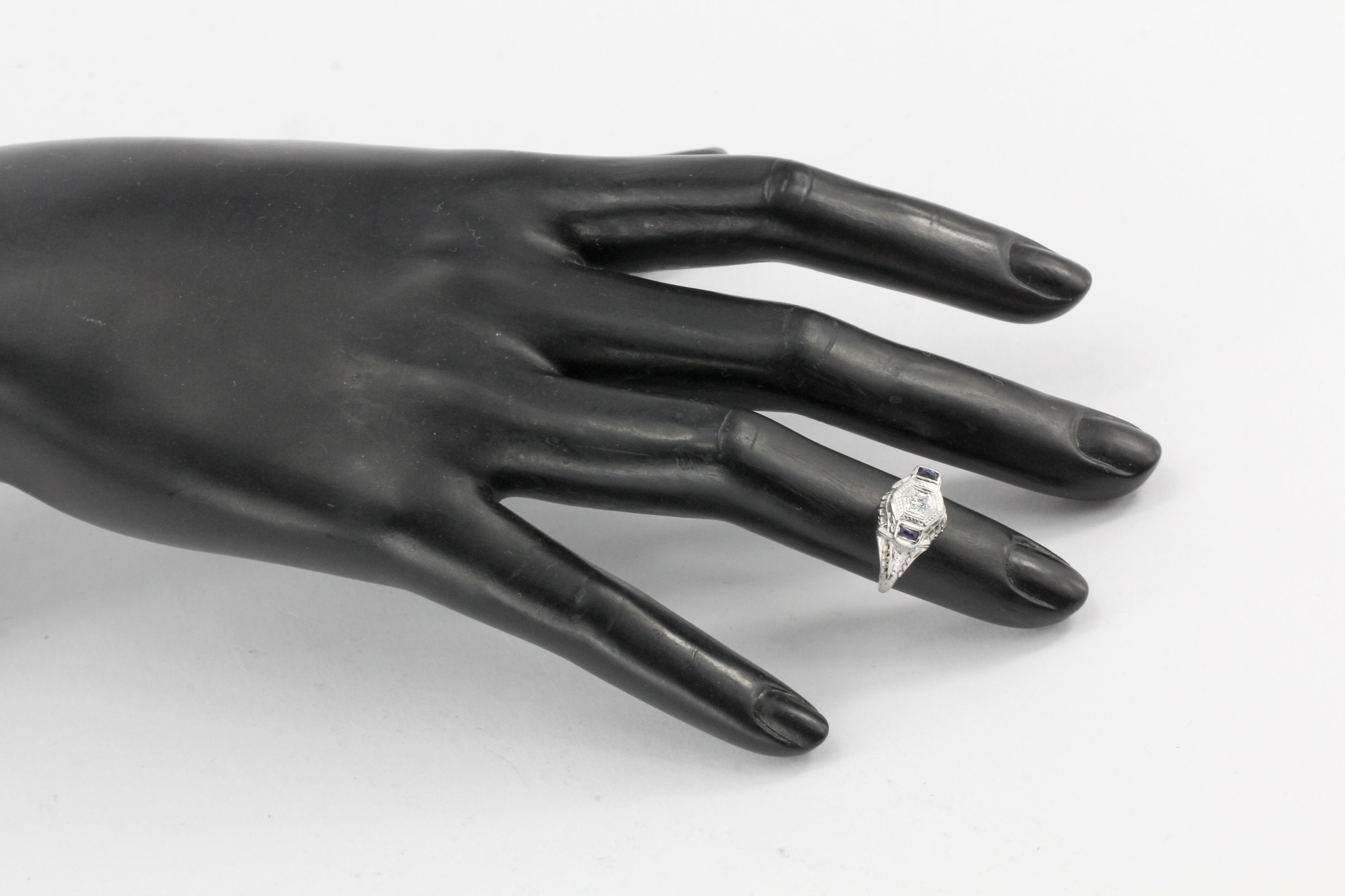 Art Deco 18K White Gold Diamond  & French Cut Sapphires Engagement Ring - Queen May
