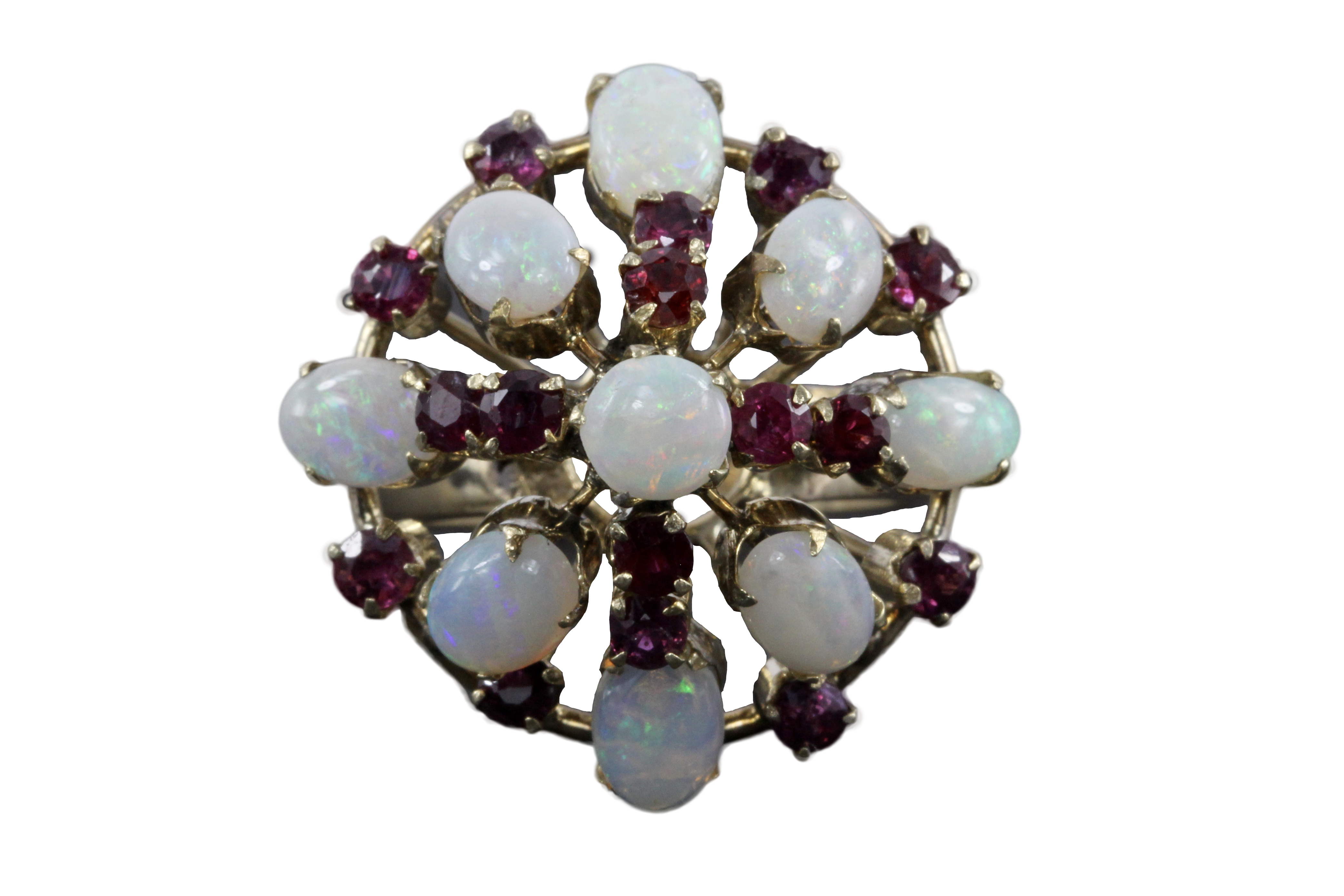 Retro 18K Yellow Gold Opal and Ruby Cocktail Ring Size 7.5 - Queen May