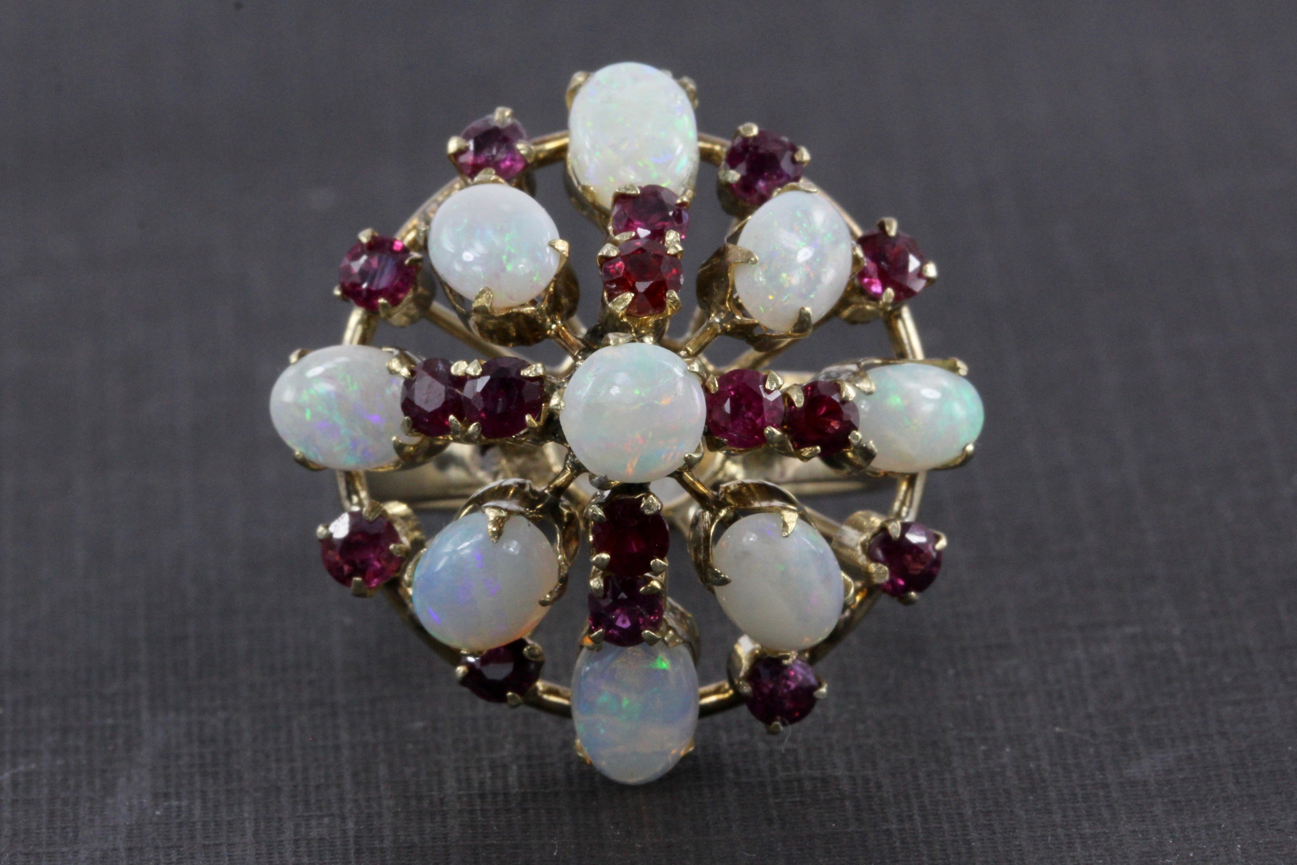 Retro 18K Yellow Gold Opal and Ruby Cocktail Ring Size 7.5 - Queen May