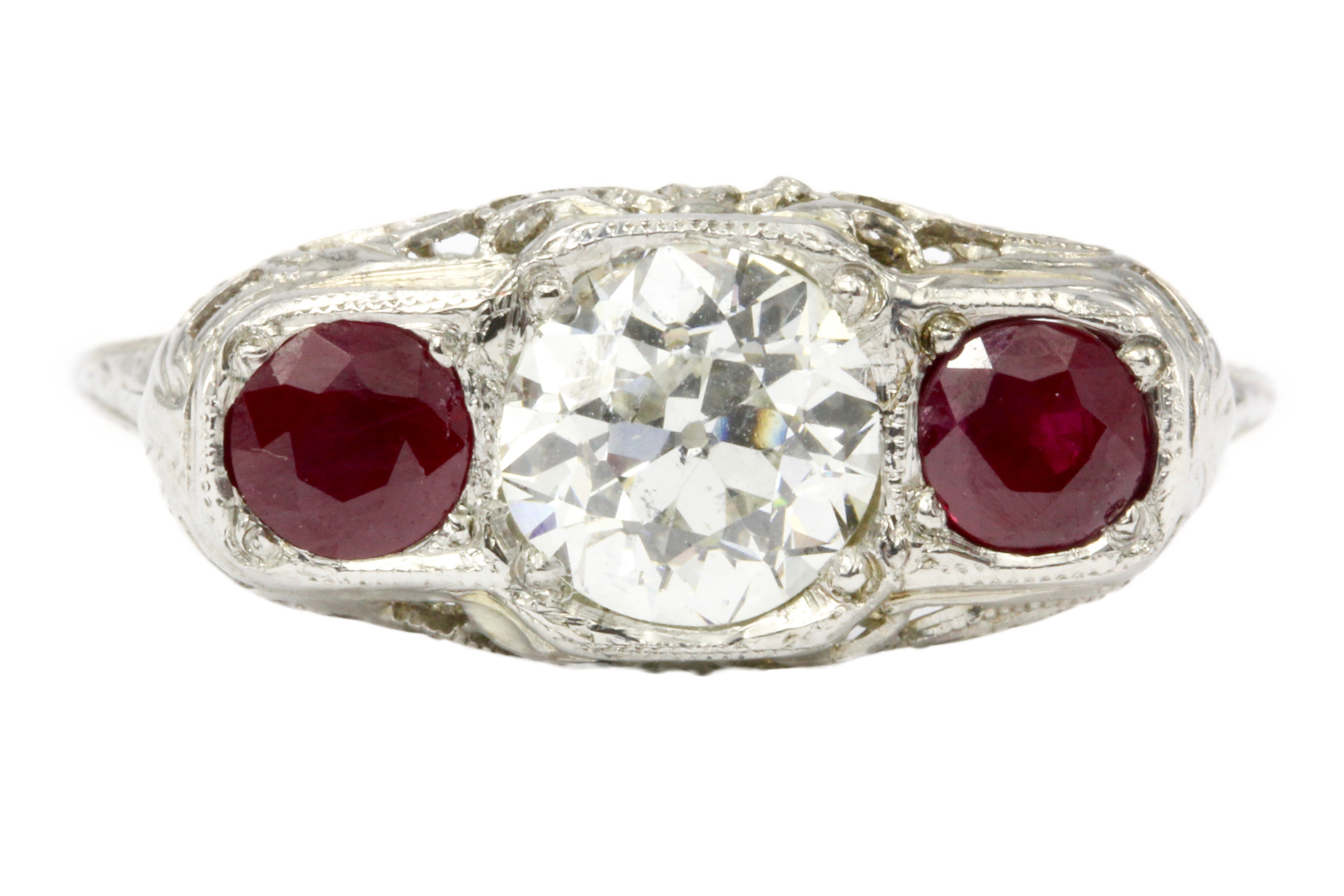Art Deco 14K White Gold Old European Cut GIA Certified Diamond Ruby Ring c.1920's - Queen May