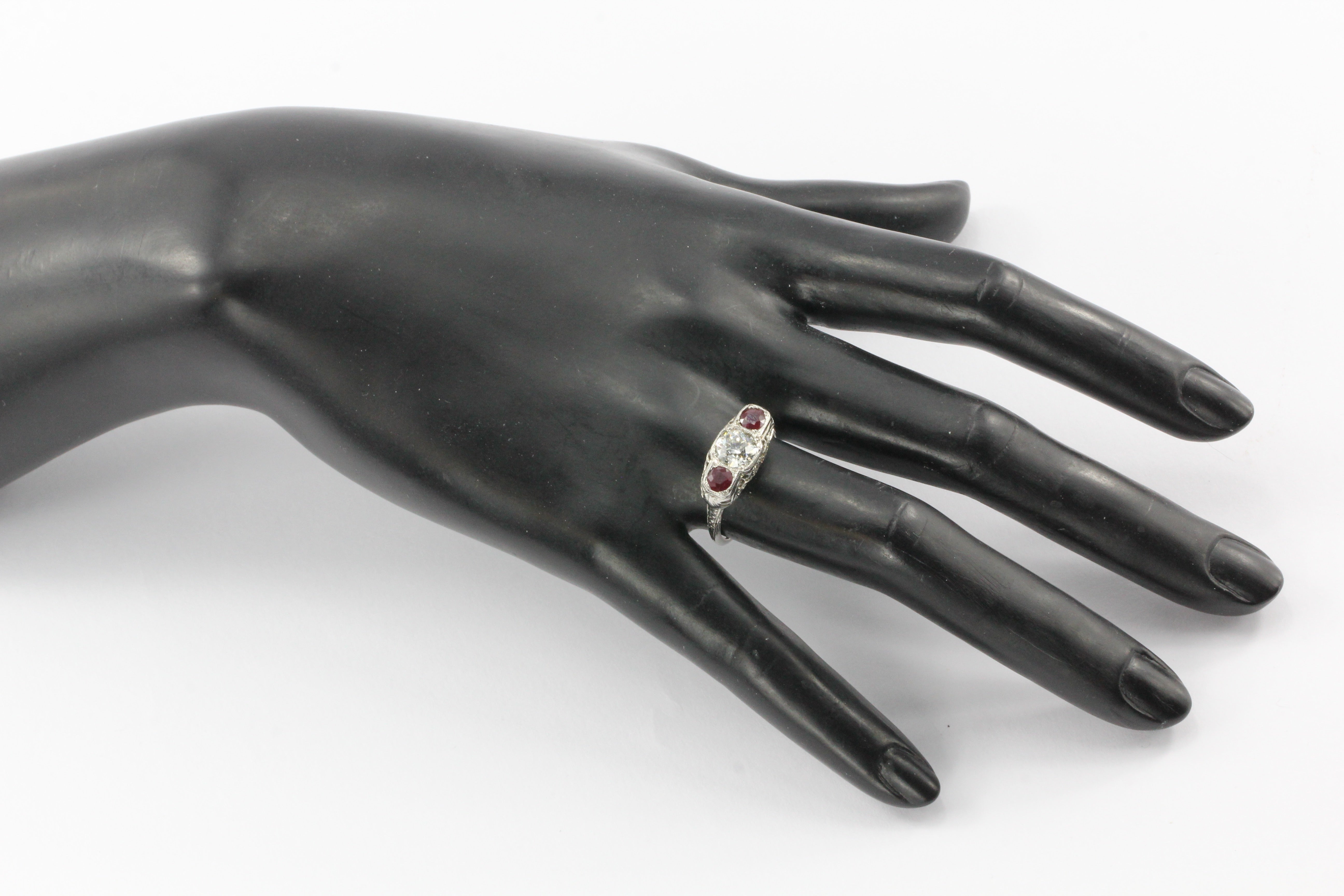 Art Deco 14K White Gold Old European Cut GIA Certified Diamond Ruby Ring c.1920's - Queen May