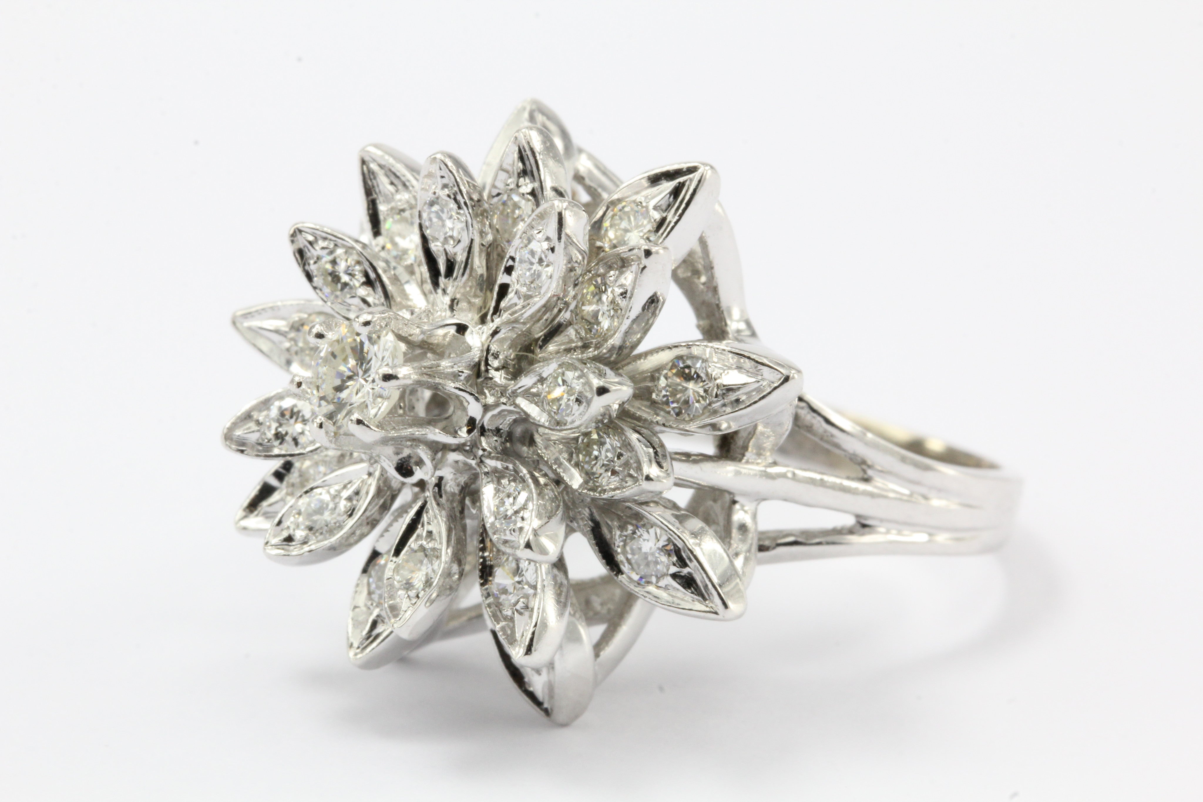 Retro 14K White Gold Diamond Floral Star Burst Ring c.1950's - Queen May