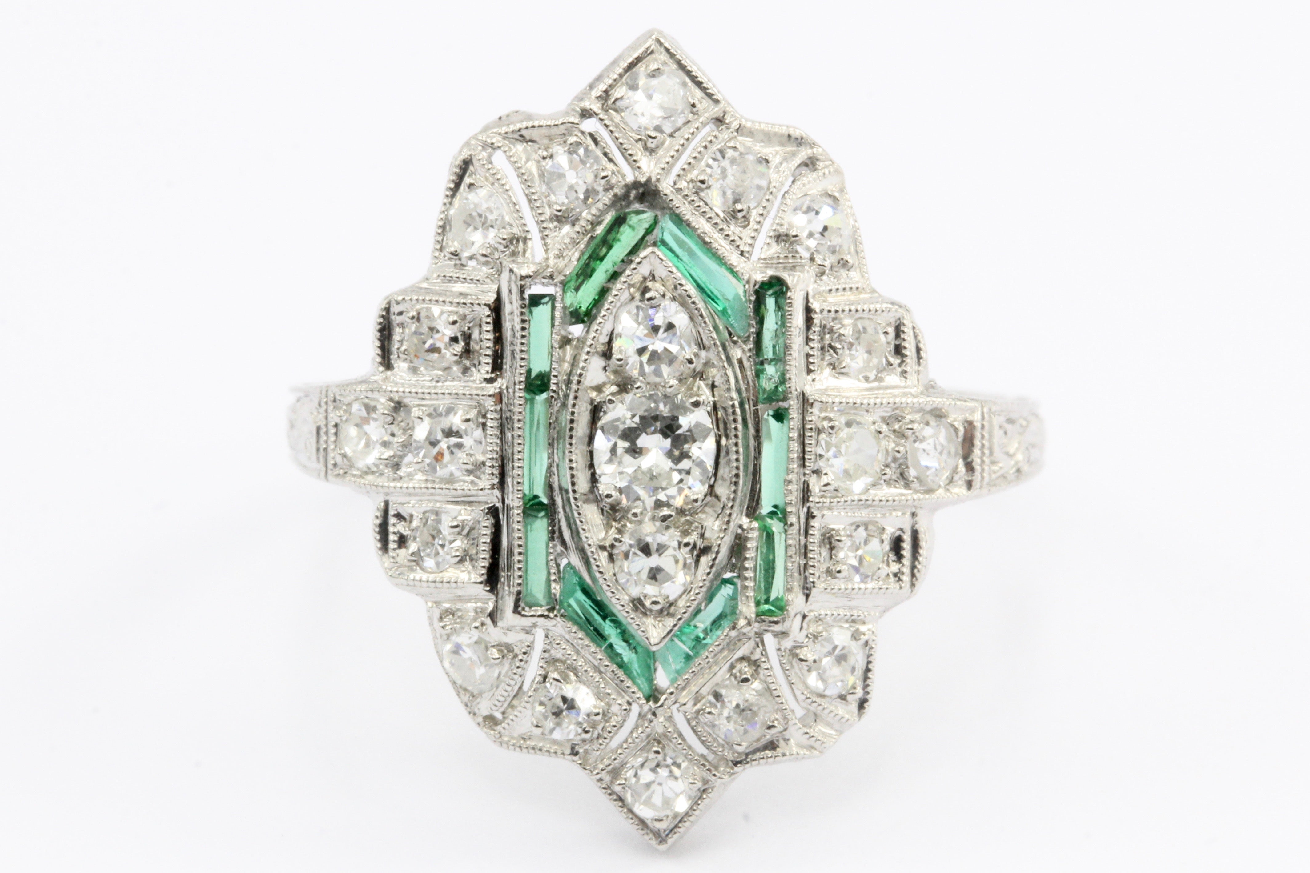 Art Deco Platinum Old European Cut Diamond Emerald Ring c.1920's - Queen May