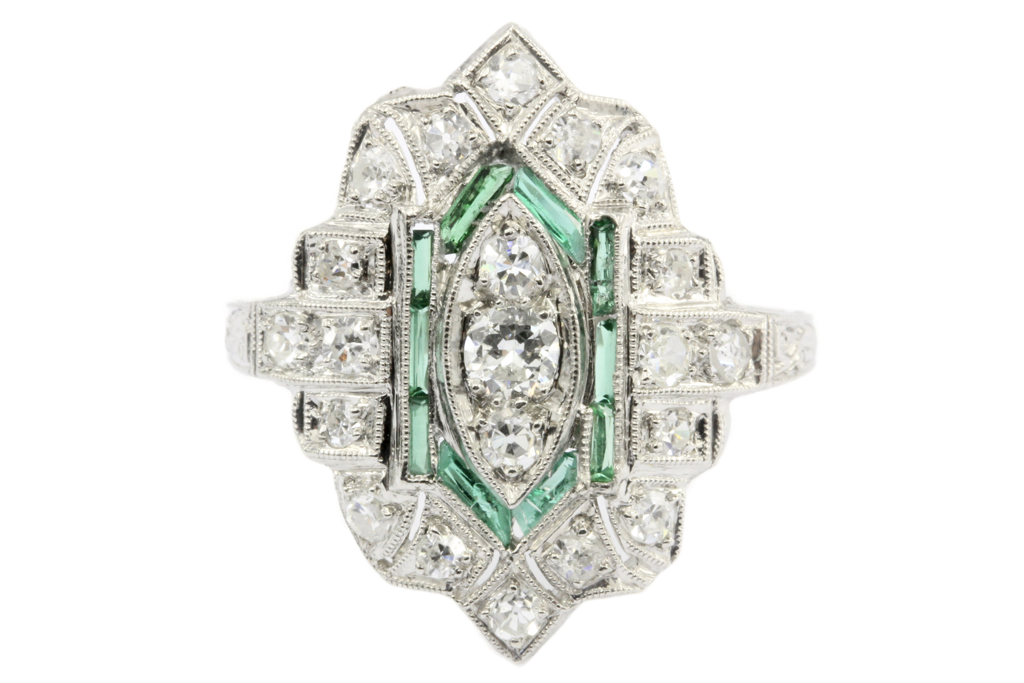 Art Deco Platinum Old European Cut Diamond Emerald Ring c.1920's - Queen May