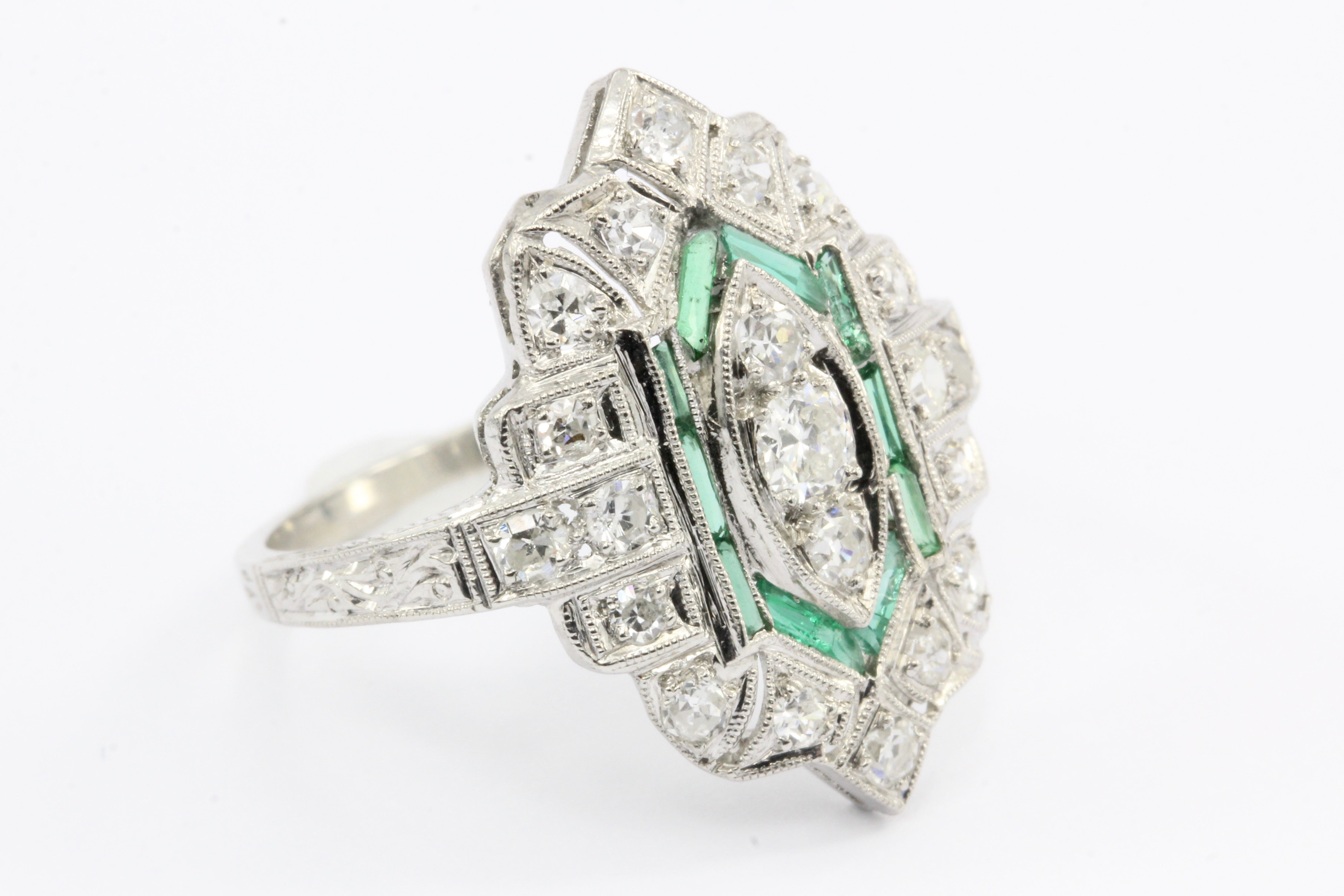 Art Deco Platinum Old European Cut Diamond Emerald Ring c.1920's - Queen May