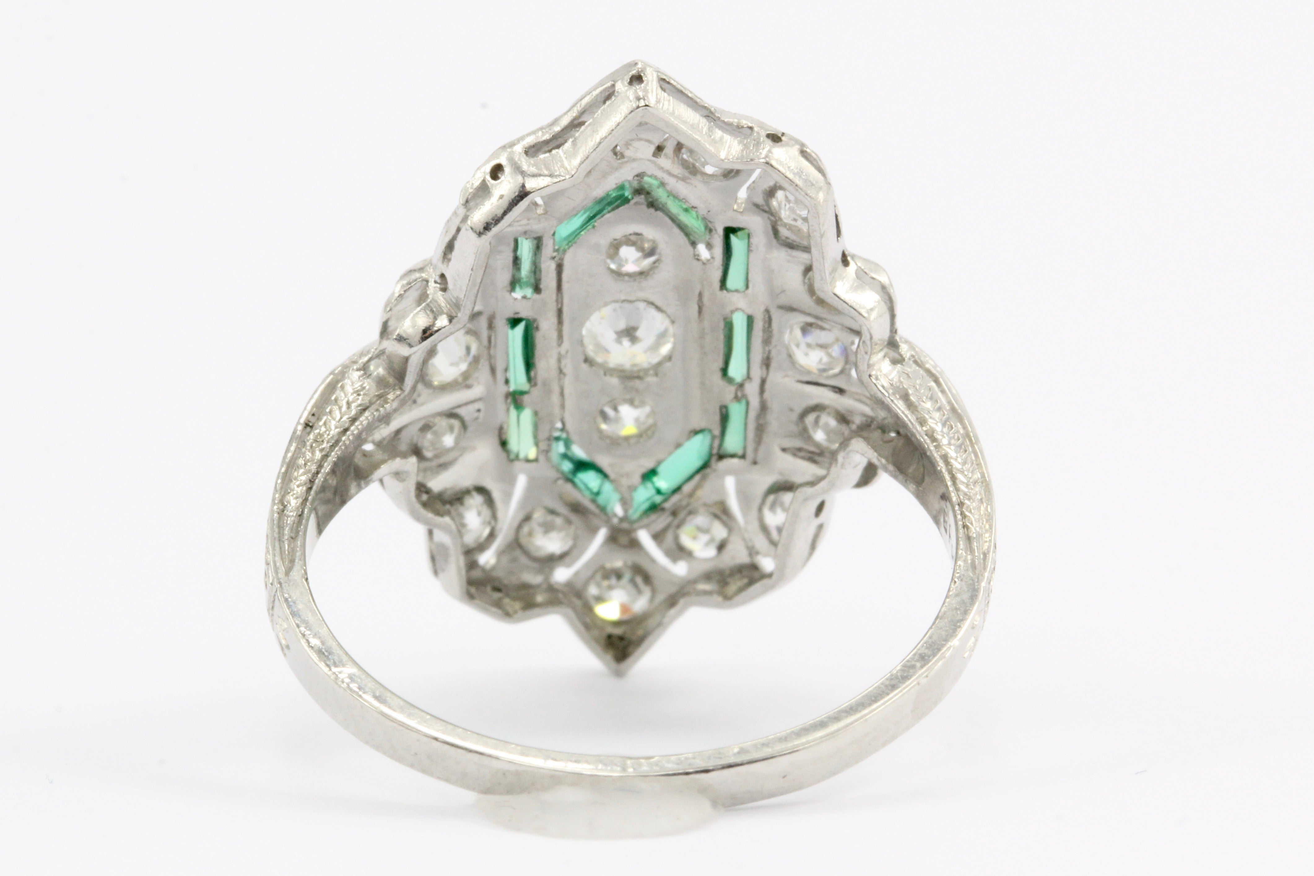 Art Deco Platinum Old European Cut Diamond Emerald Ring c.1920's - Queen May