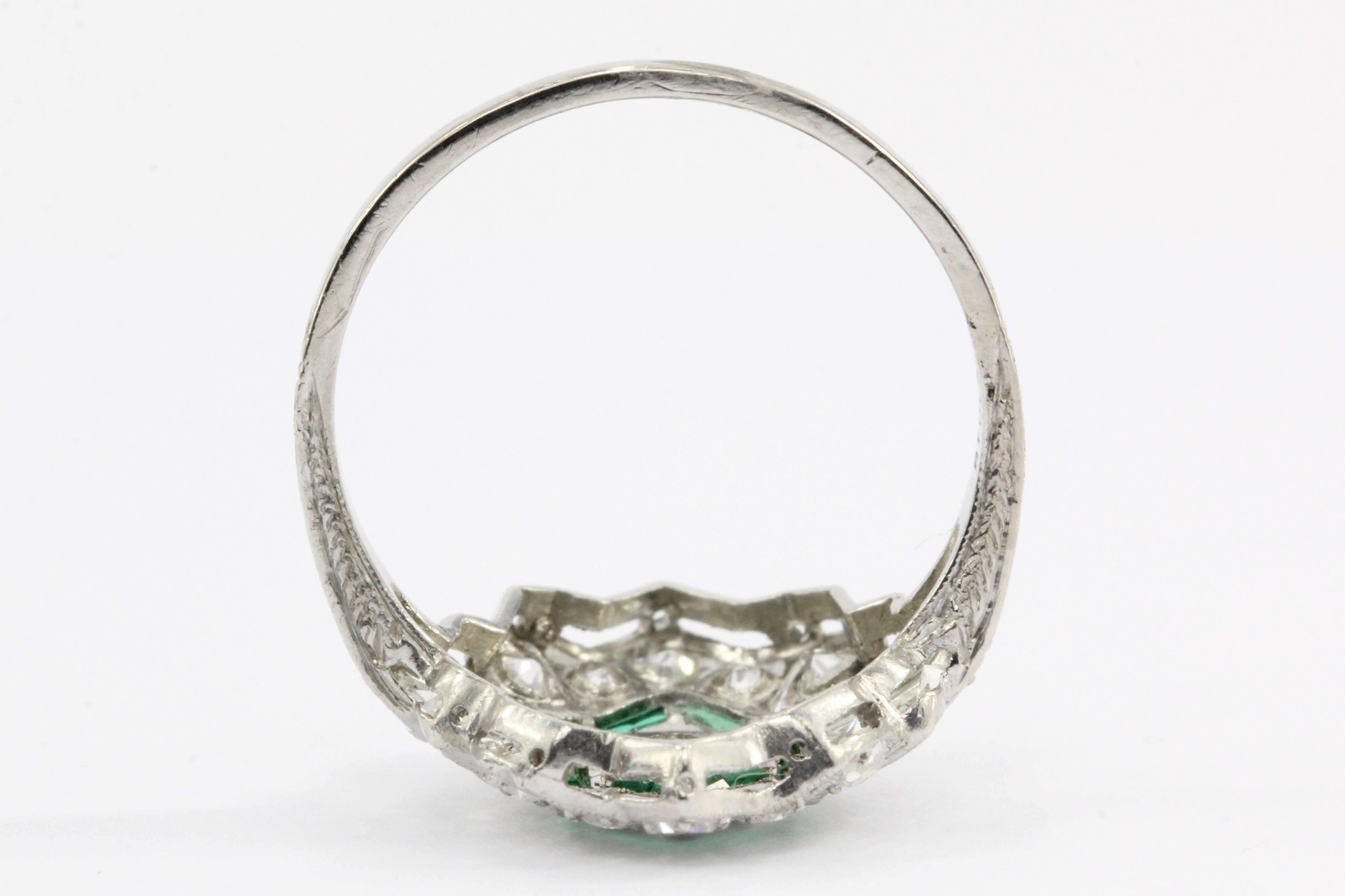 Art Deco Platinum Old European Cut Diamond Emerald Ring c.1920's - Queen May