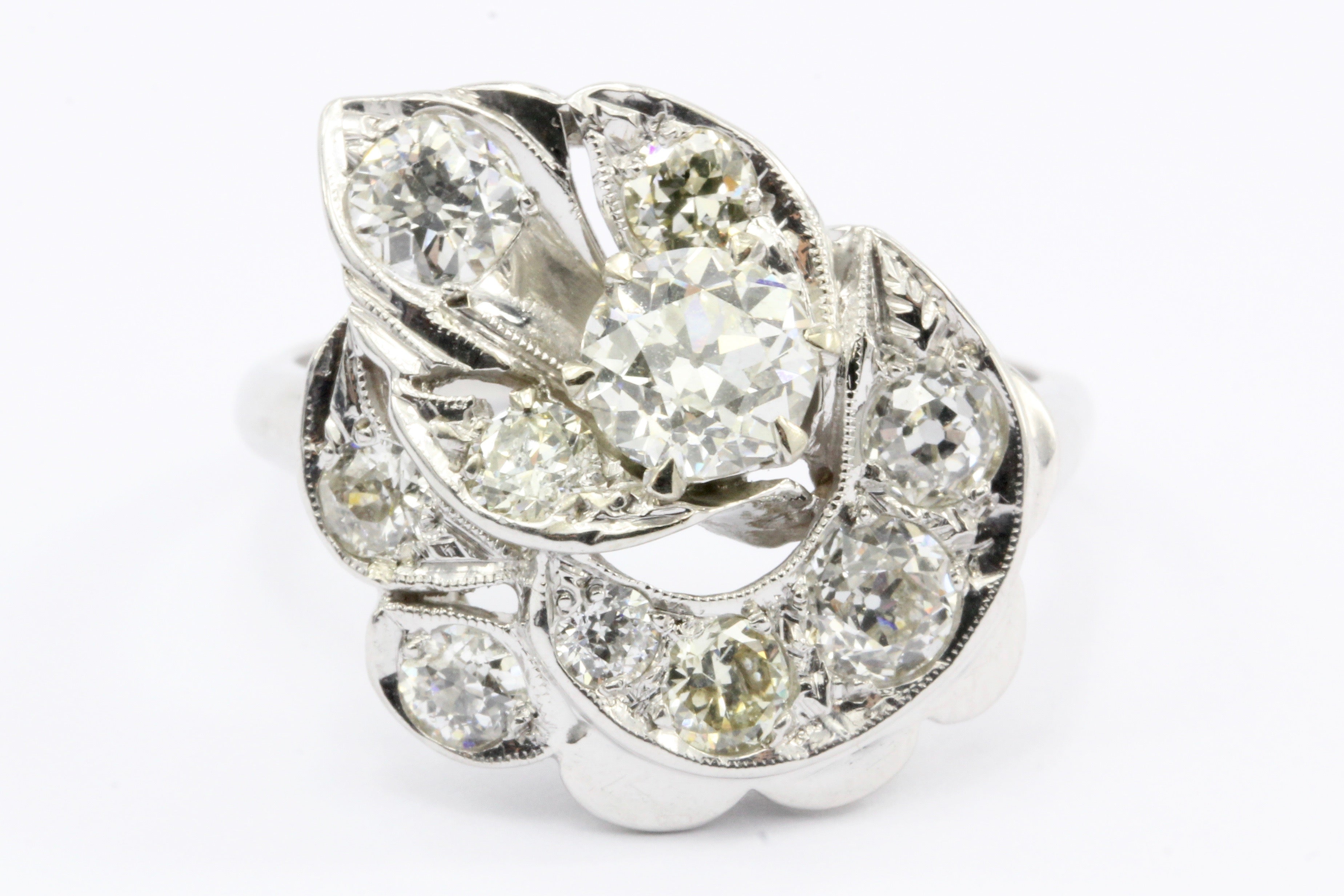 Retro 14K White Gold Old European Cut Diamond Cluster Ring C.1940's - Queen May