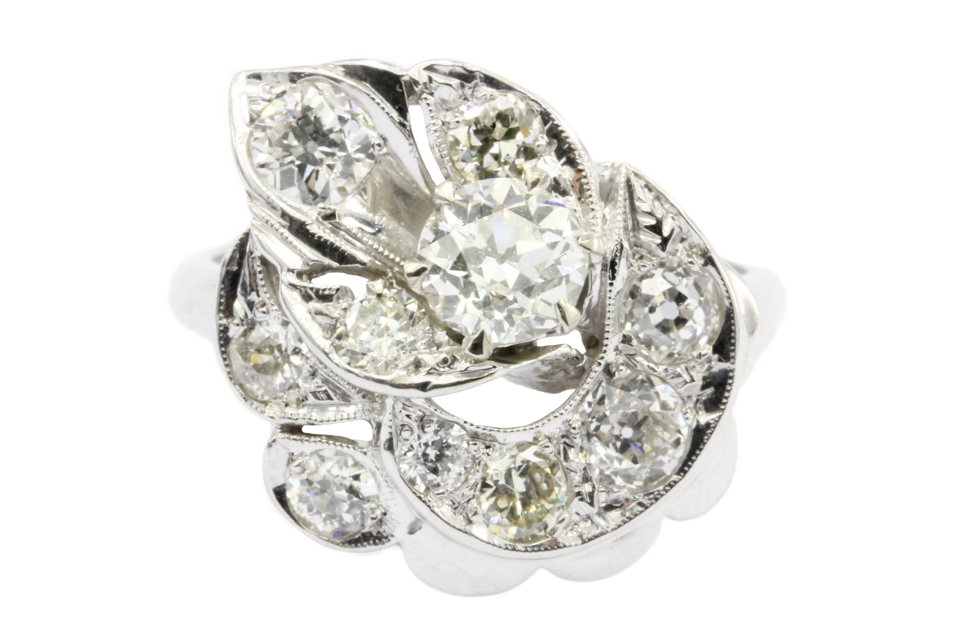 Retro 14K White Gold Old European Cut Diamond Cluster Ring C.1940's - Queen May