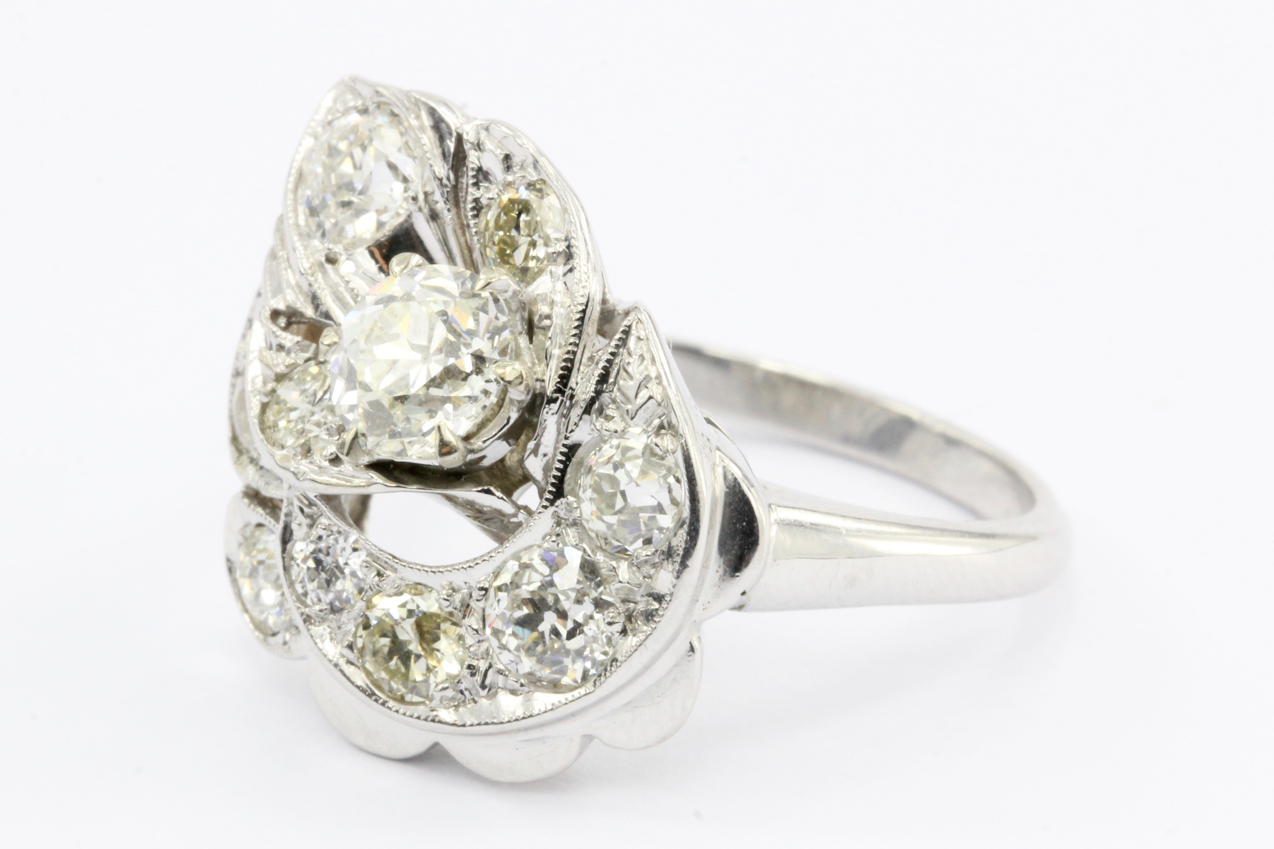 Retro 14K White Gold Old European Cut Diamond Cluster Ring C.1940's - Queen May