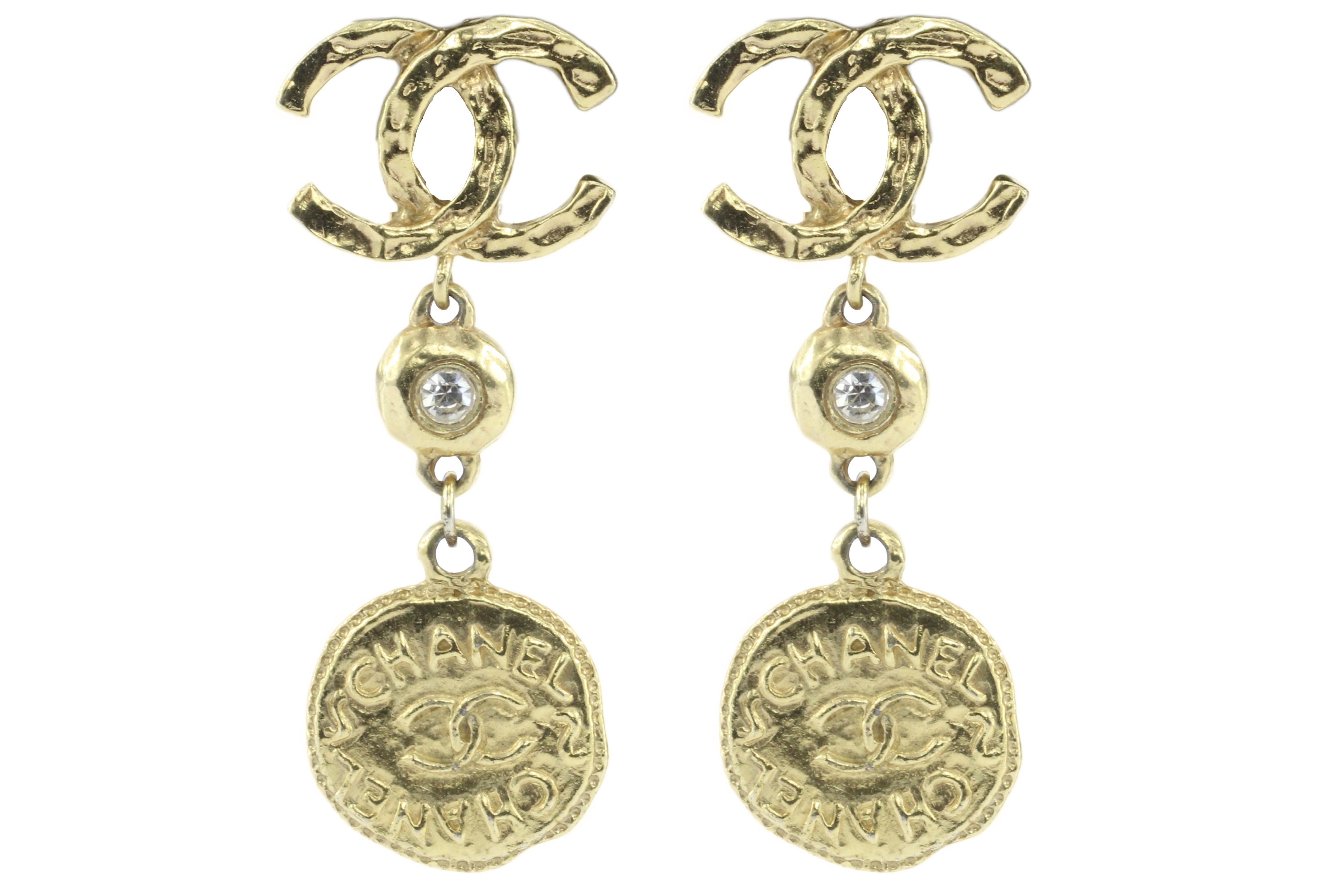 Vintage Chanel Gold Tone CC Crystal Coin Clip-On Earrings - Queen May