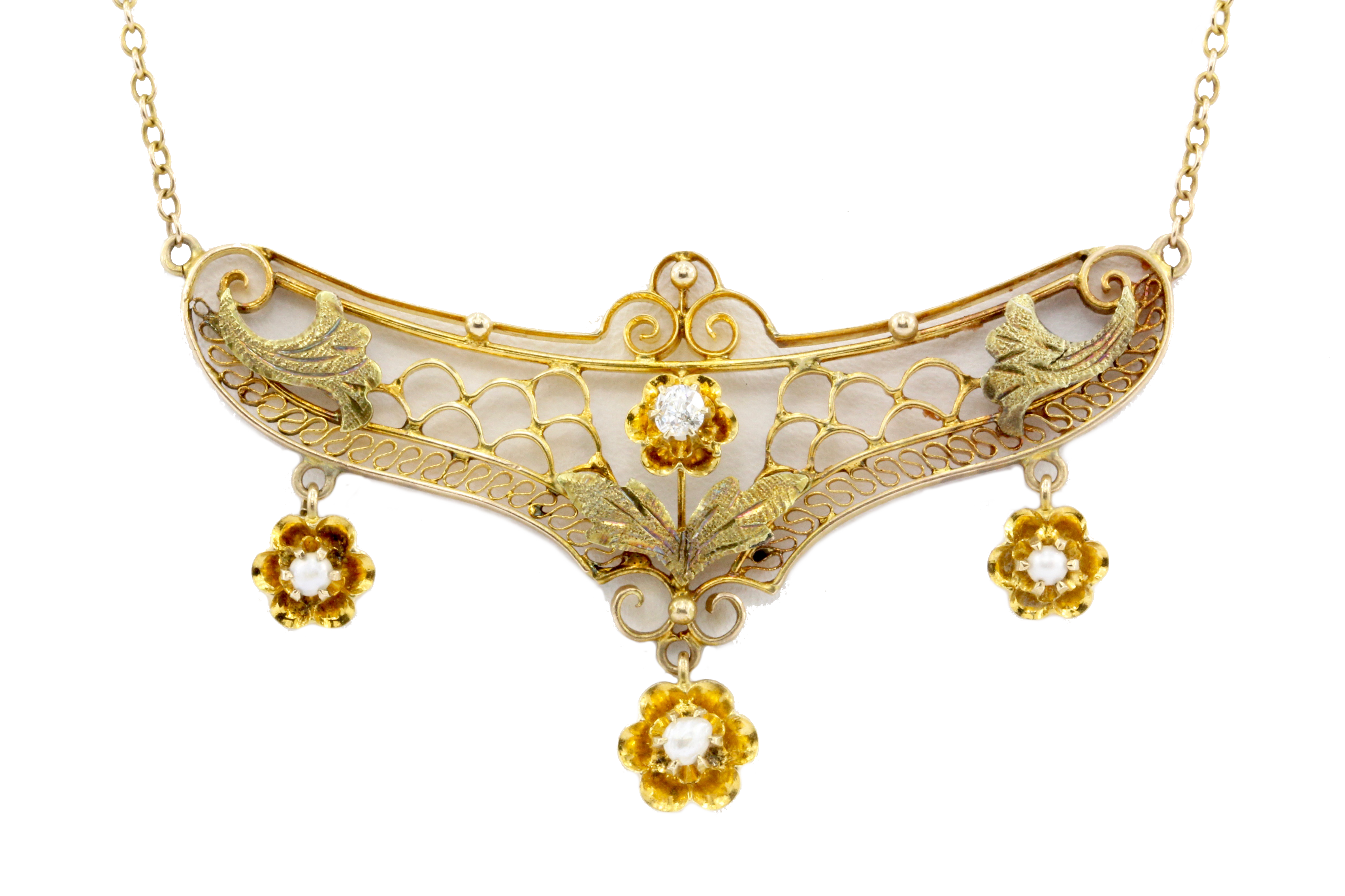 Art Nouveau 14K Gold Diamond & Pearl Necklace c.1910 - Queen May