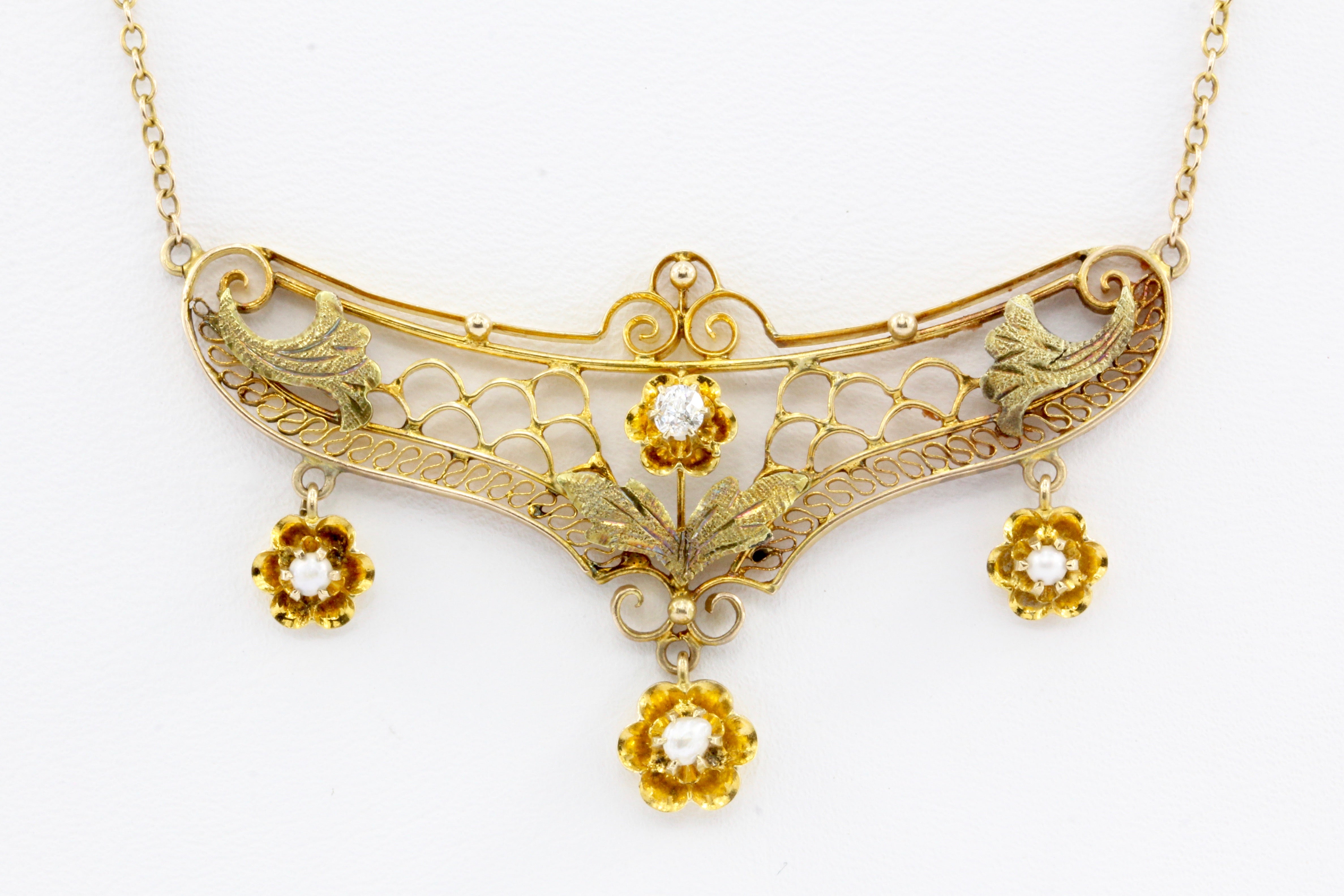 Art Nouveau 14K Gold Diamond & Pearl Necklace c.1910 - Queen May