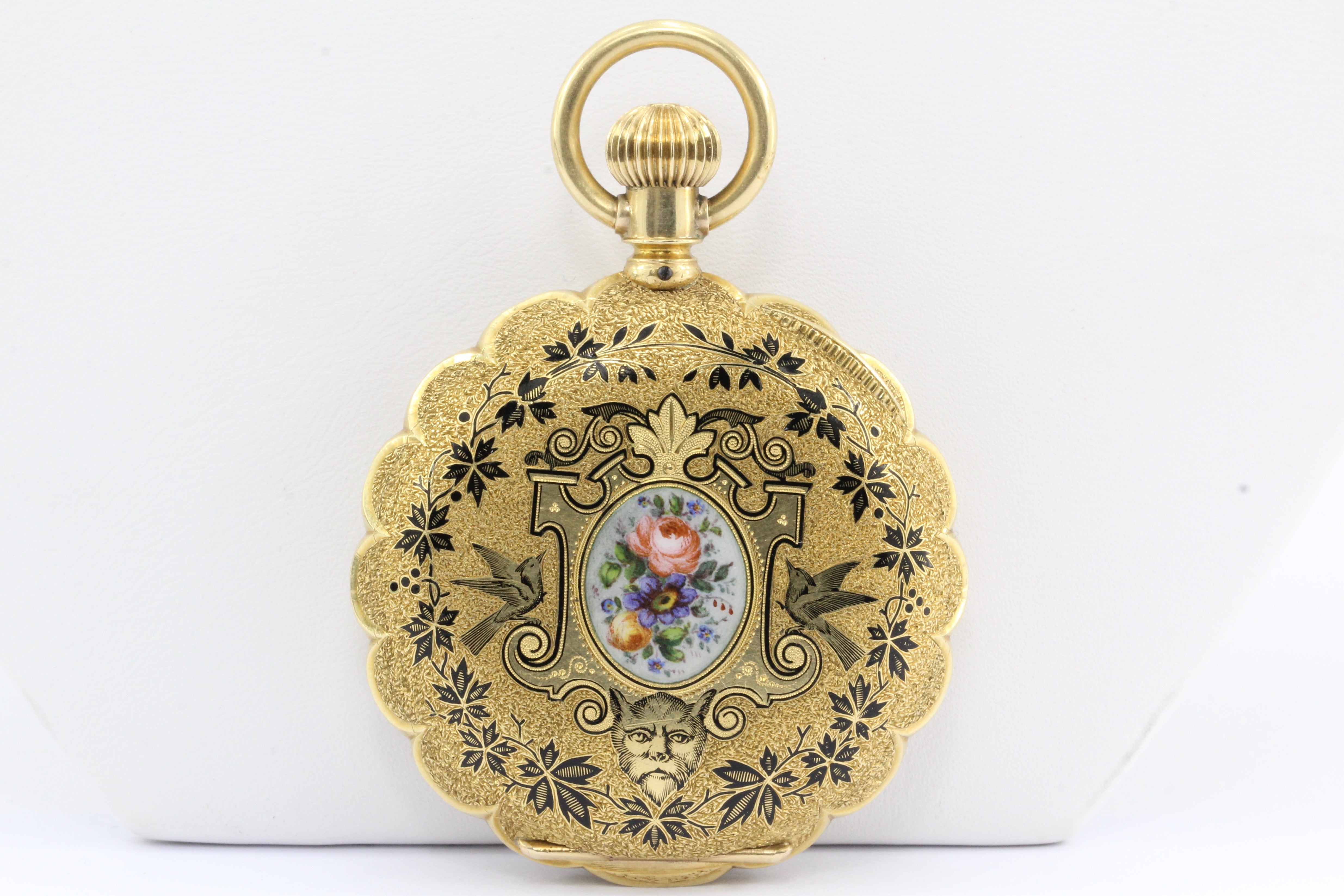 18K Gold Enamel 1883 pocket Watch by Western Watch Case Rockford Movement - Queen May