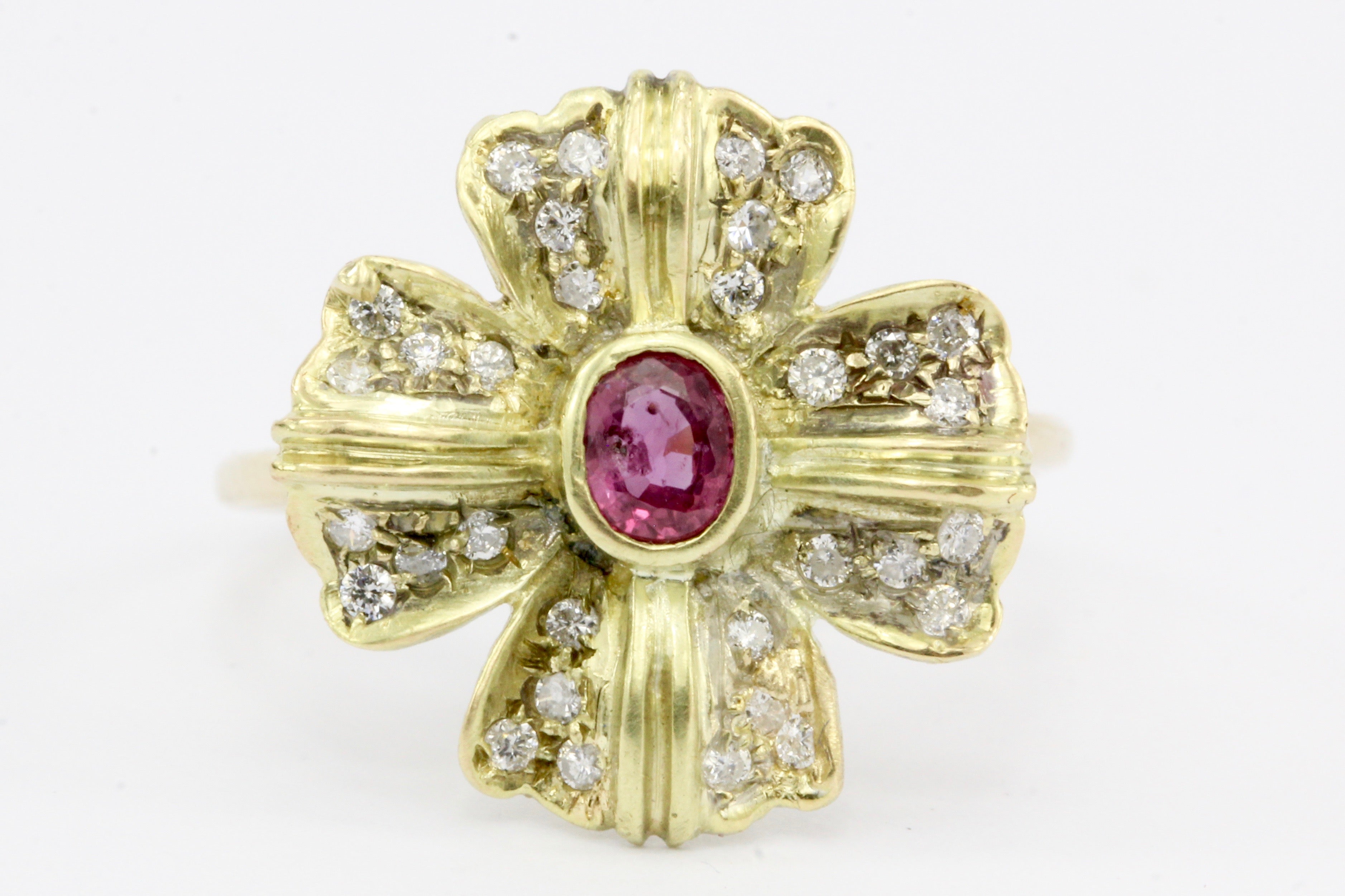 Retro 14K Gold Diamond & Ruby Floral Conversion Ring c.1950's - Queen May