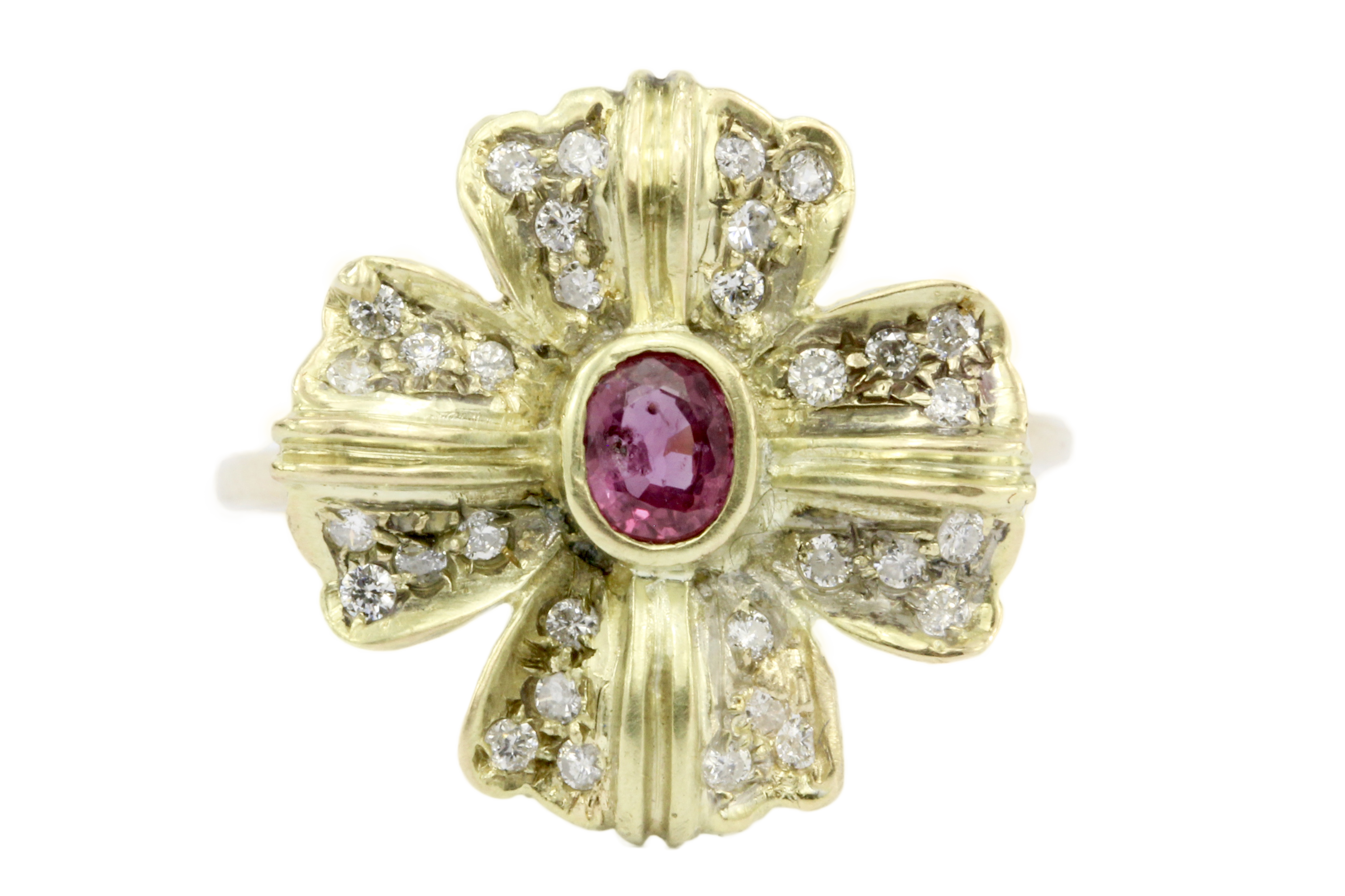Retro 14K Gold Diamond & Ruby Floral Conversion Ring c.1950's - Queen May