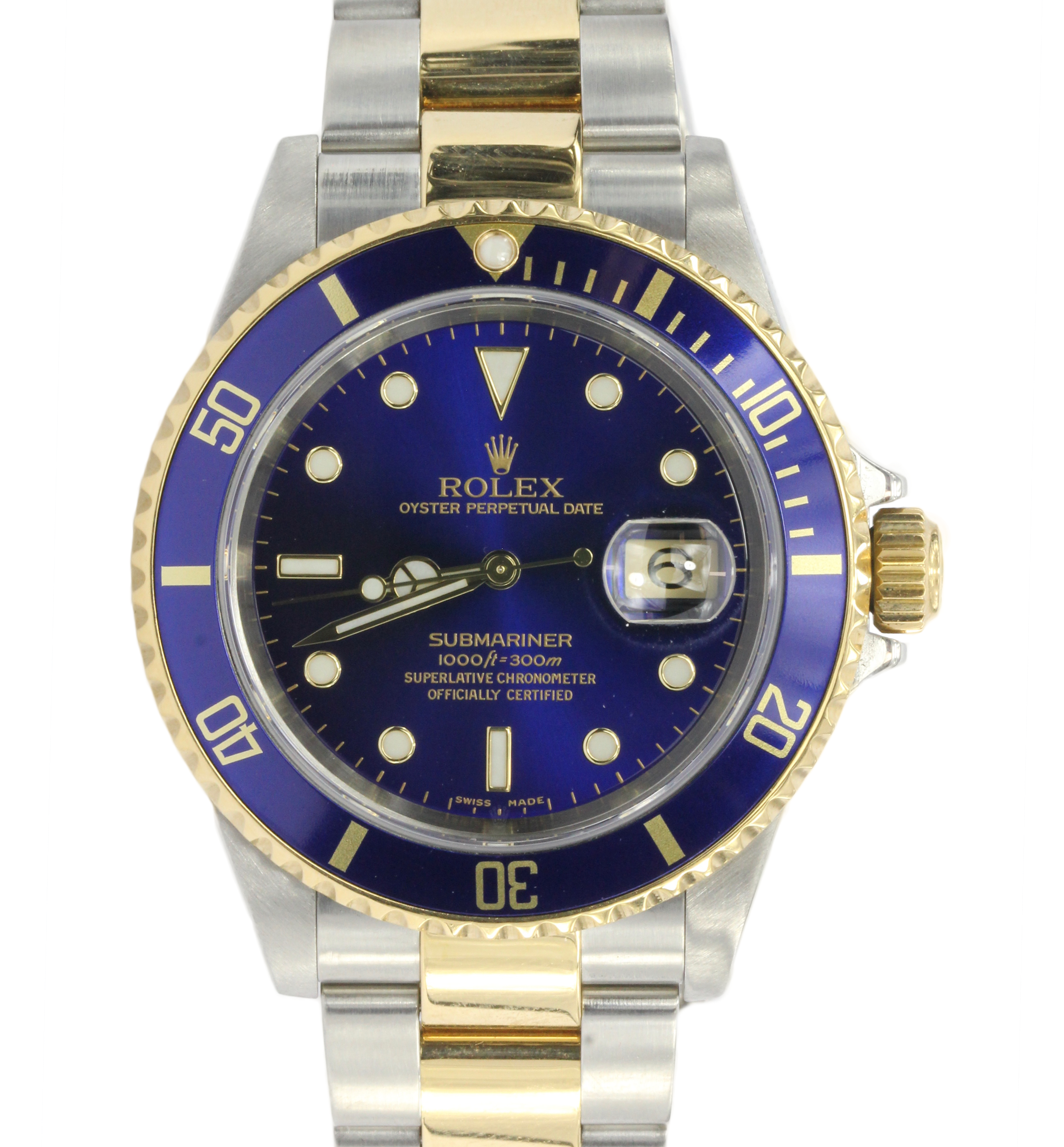2005 Rolex Submariner 16613 Two Tone Steel 18K Gold Blue Sel No Holes Watch - Queen May
