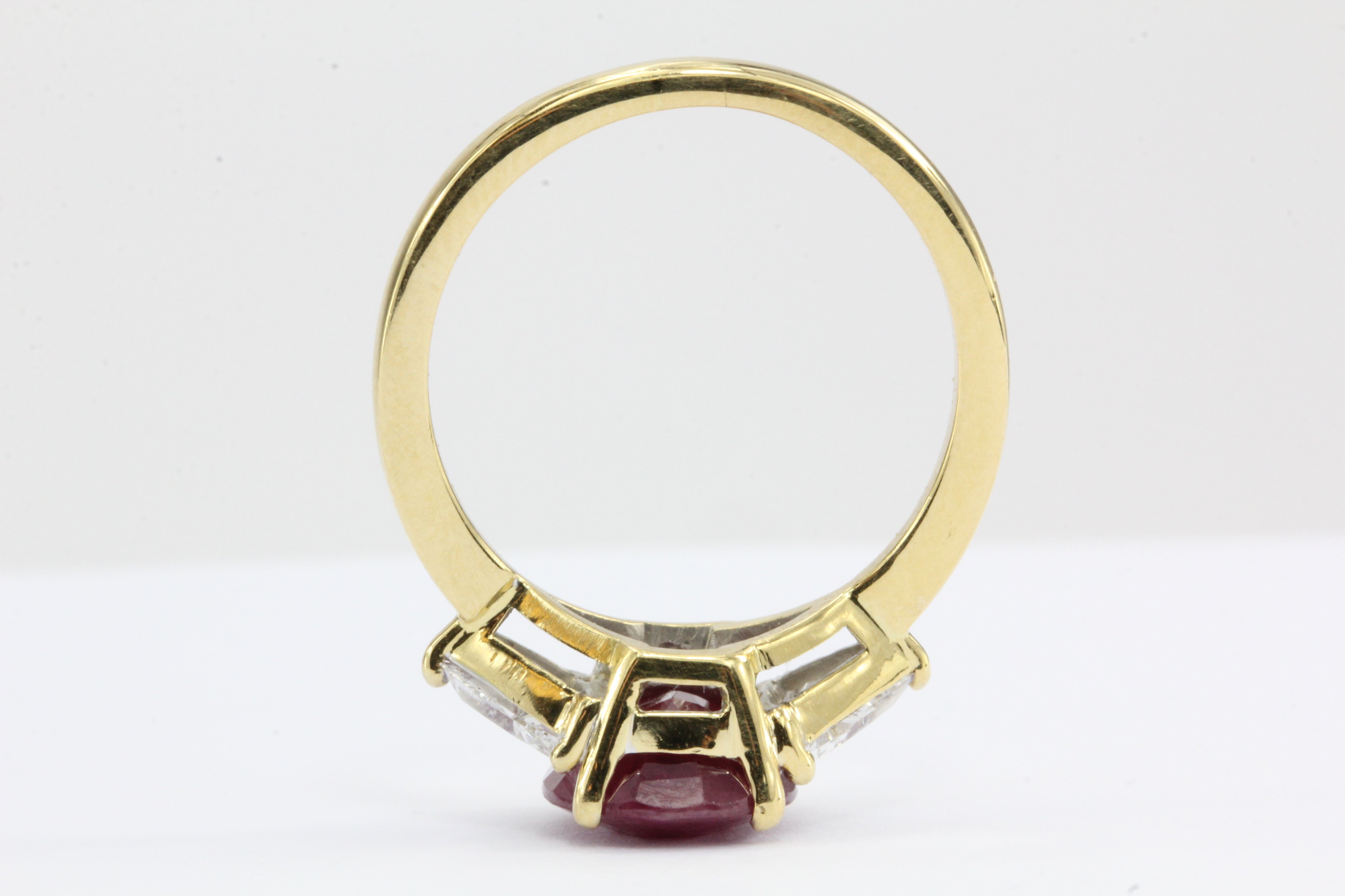 2.75 Carat Burma Ruby & Trillion Cut Diamond 18K Gold Engagement Ring GIA Cert - Queen May