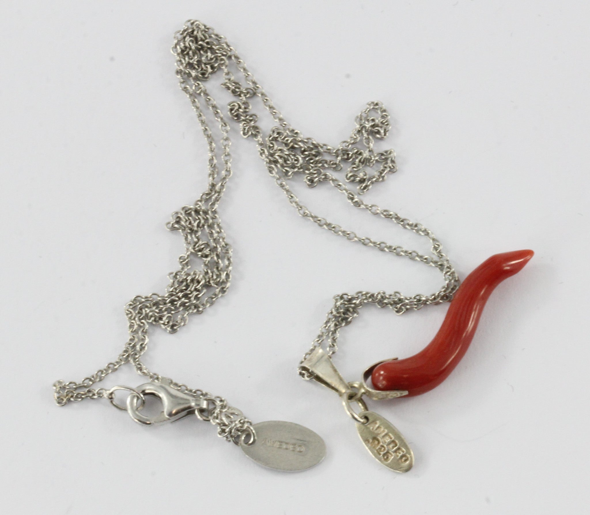 Vintage Sterling Silver & Red Coral Italy Amedeo Italian Cornicello Necklace - Queen May