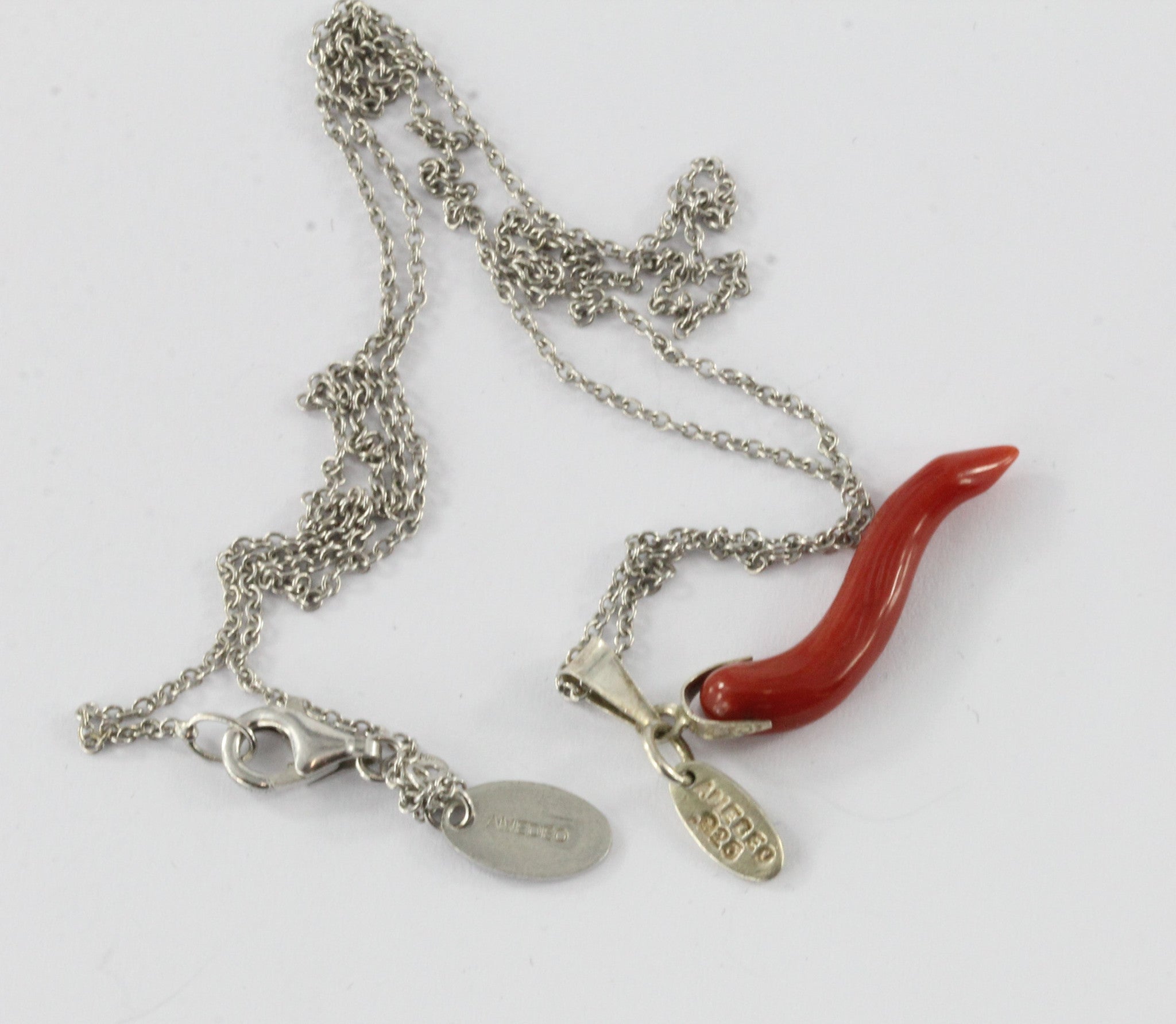 Vintage Sterling Silver & Red Coral Italy Amedeo Italian Cornicello Necklace - Queen May