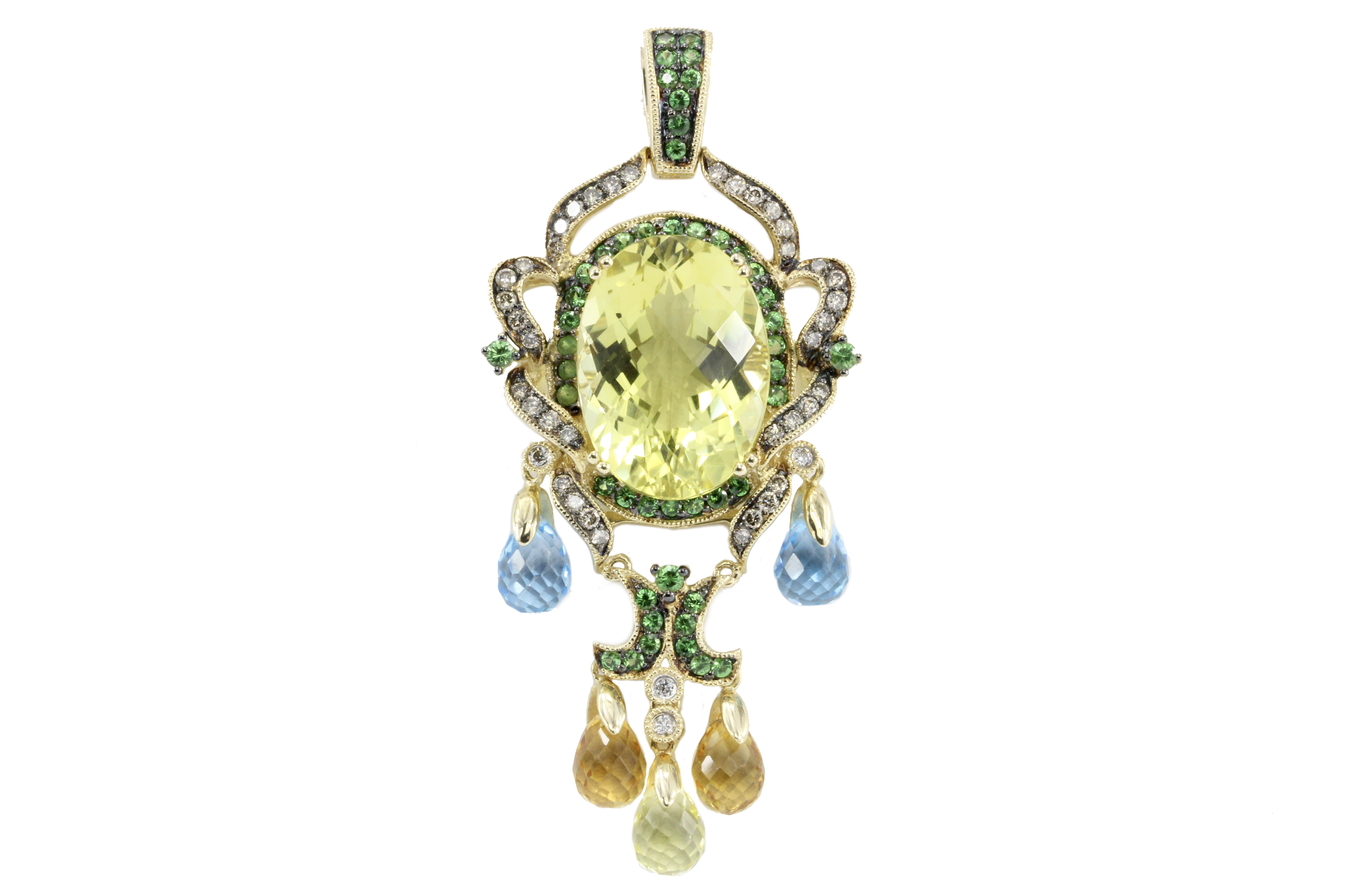 LeVian Art Nouveau Style 14K Gold Diamond Lime Quartz Gemstone Pendant - Queen May