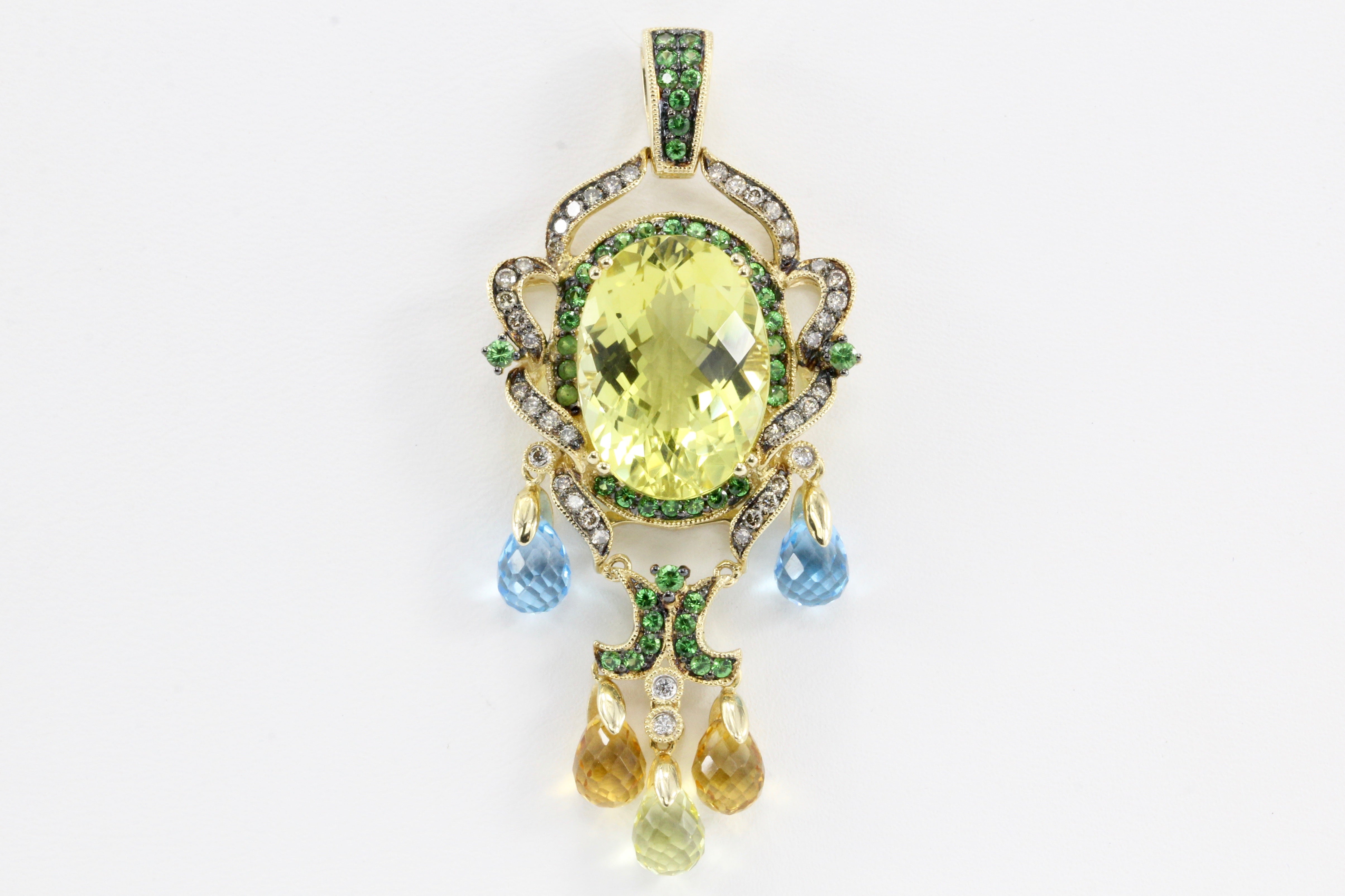 LeVian Art Nouveau Style 14K Gold Diamond Lime Quartz Gemstone Pendant - Queen May