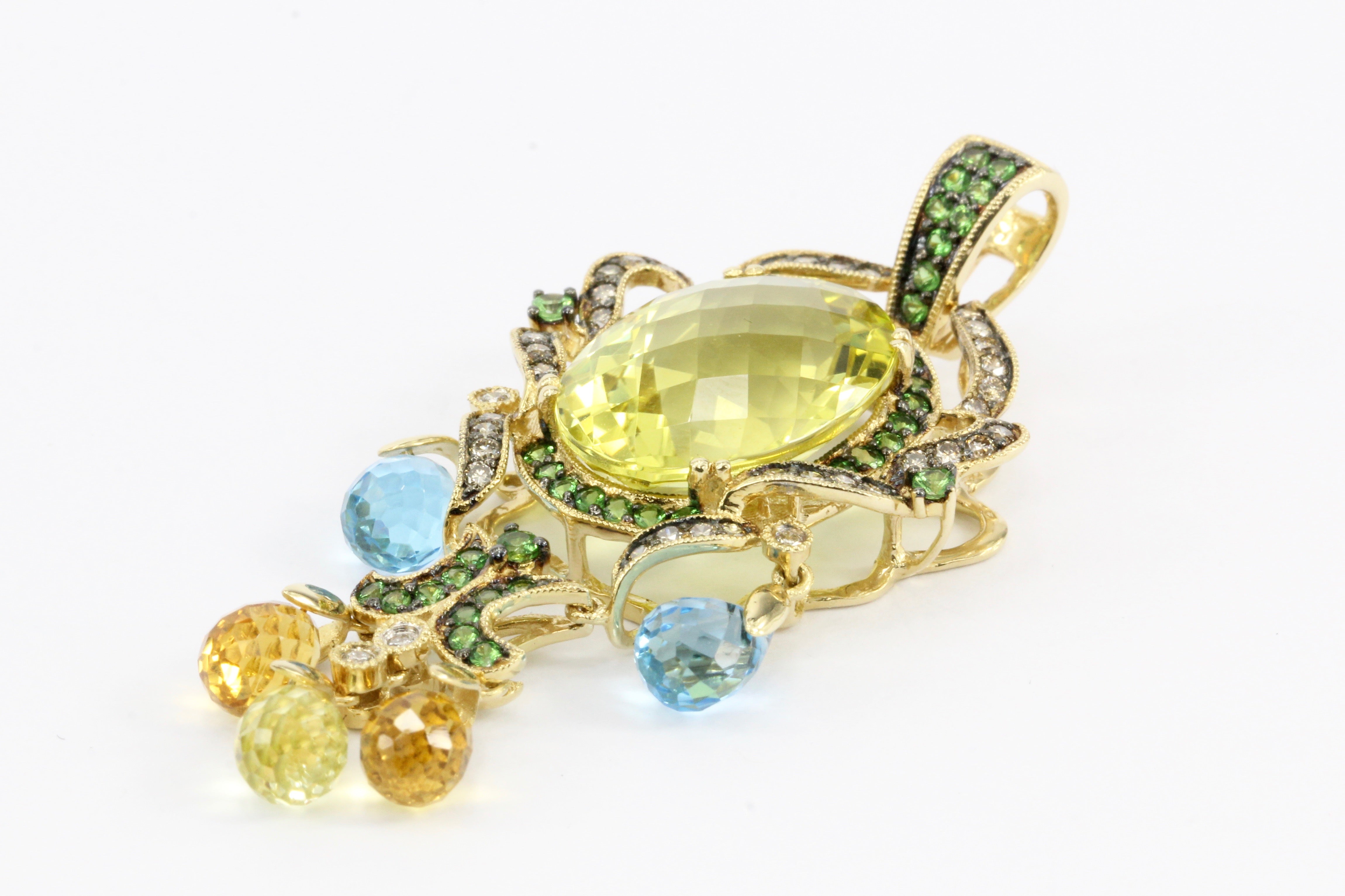 LeVian Art Nouveau Style 14K Gold Diamond Lime Quartz Gemstone Pendant - Queen May