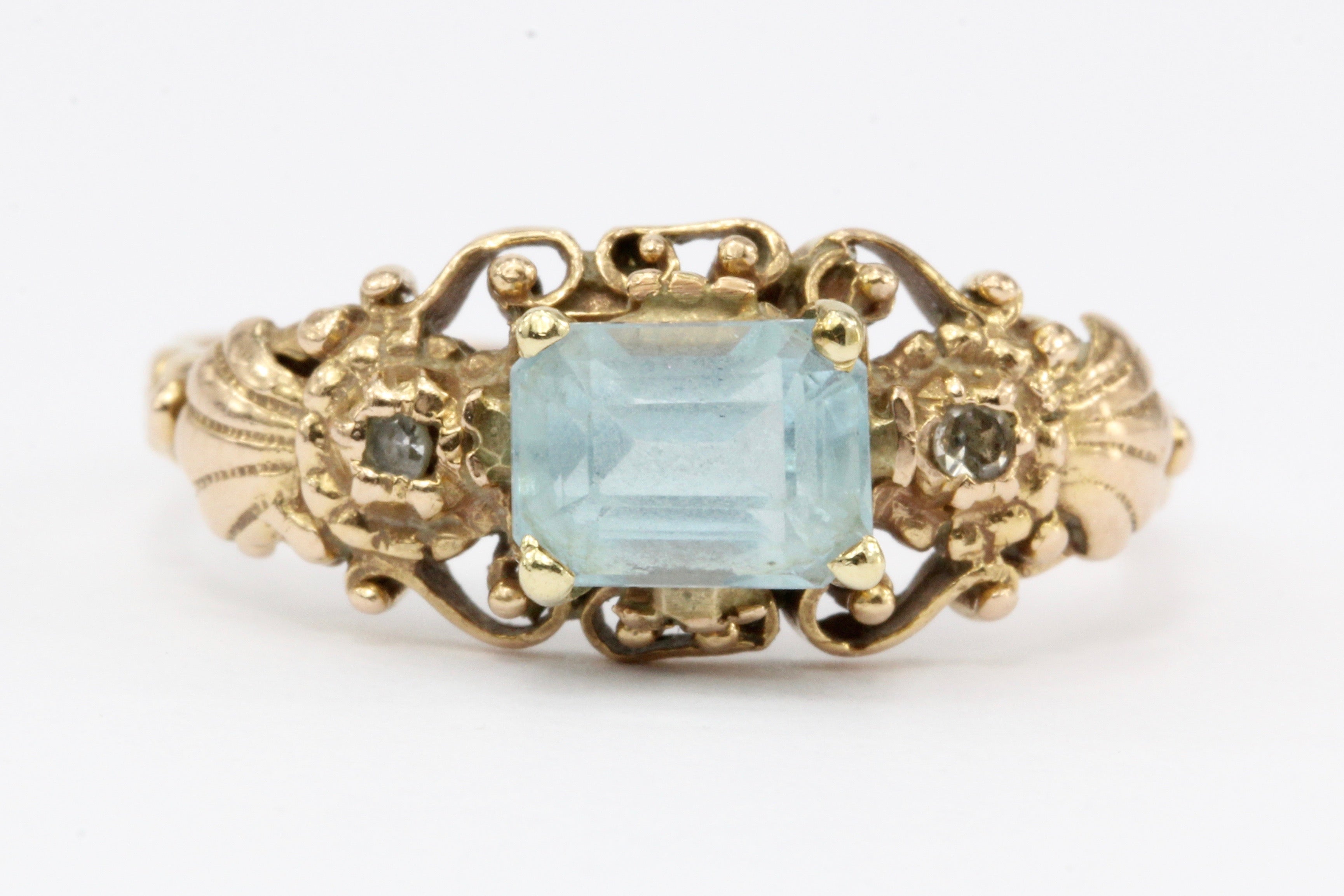 Georgian Style 14K Gold Blue Topaz & Old Mine Diamond Ring - Queen May