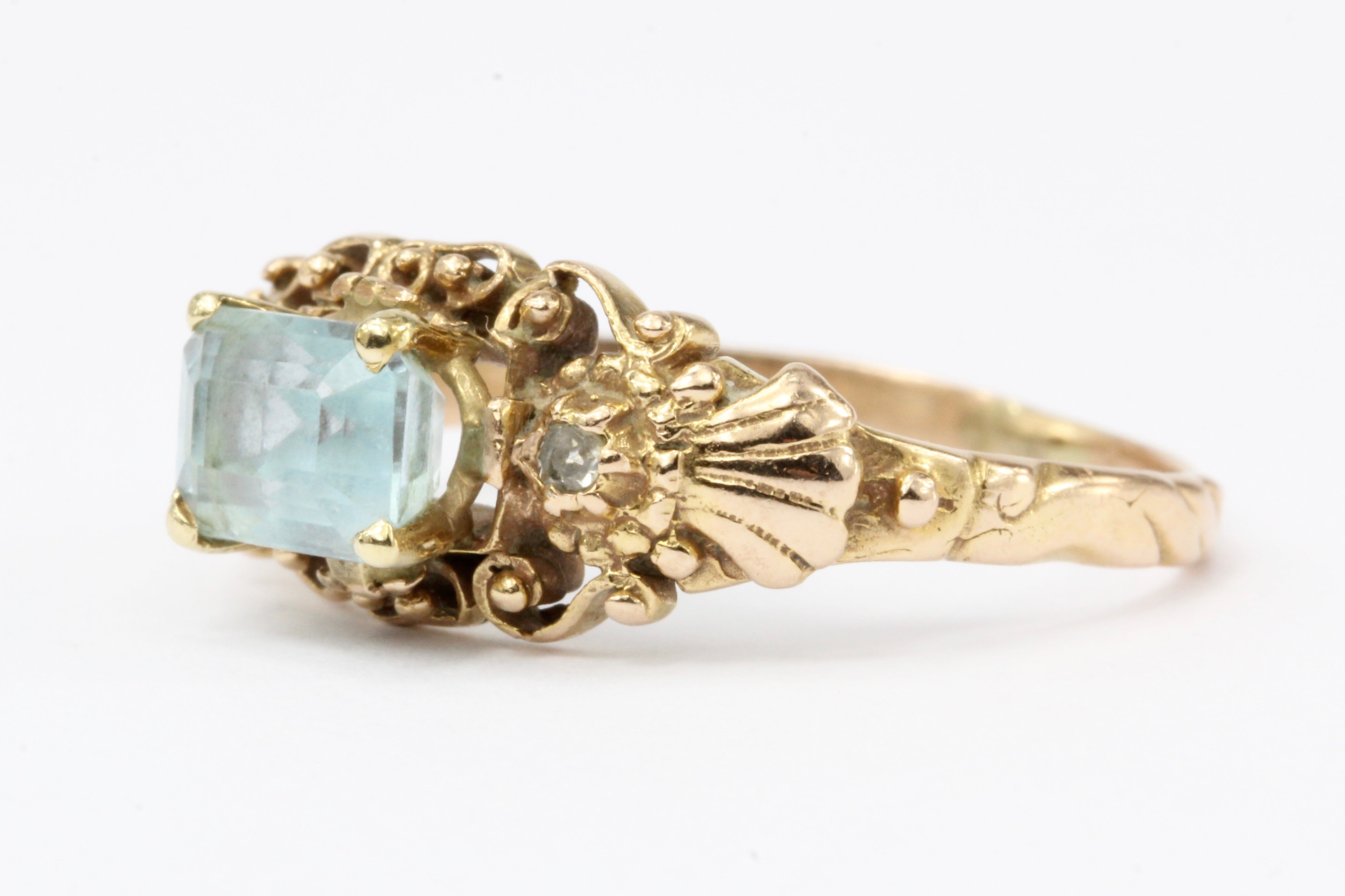 Georgian Style 14K Gold Blue Topaz & Old Mine Diamond Ring - Queen May