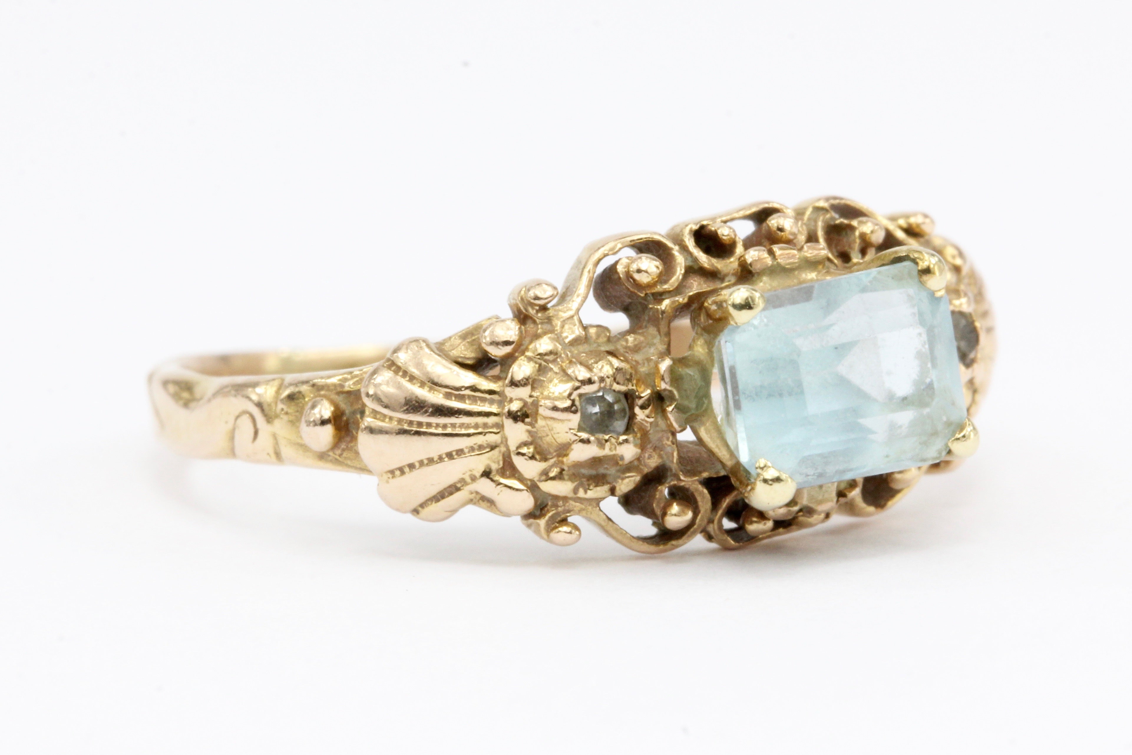 Georgian Style 14K Gold Blue Topaz & Old Mine Diamond Ring - Queen May