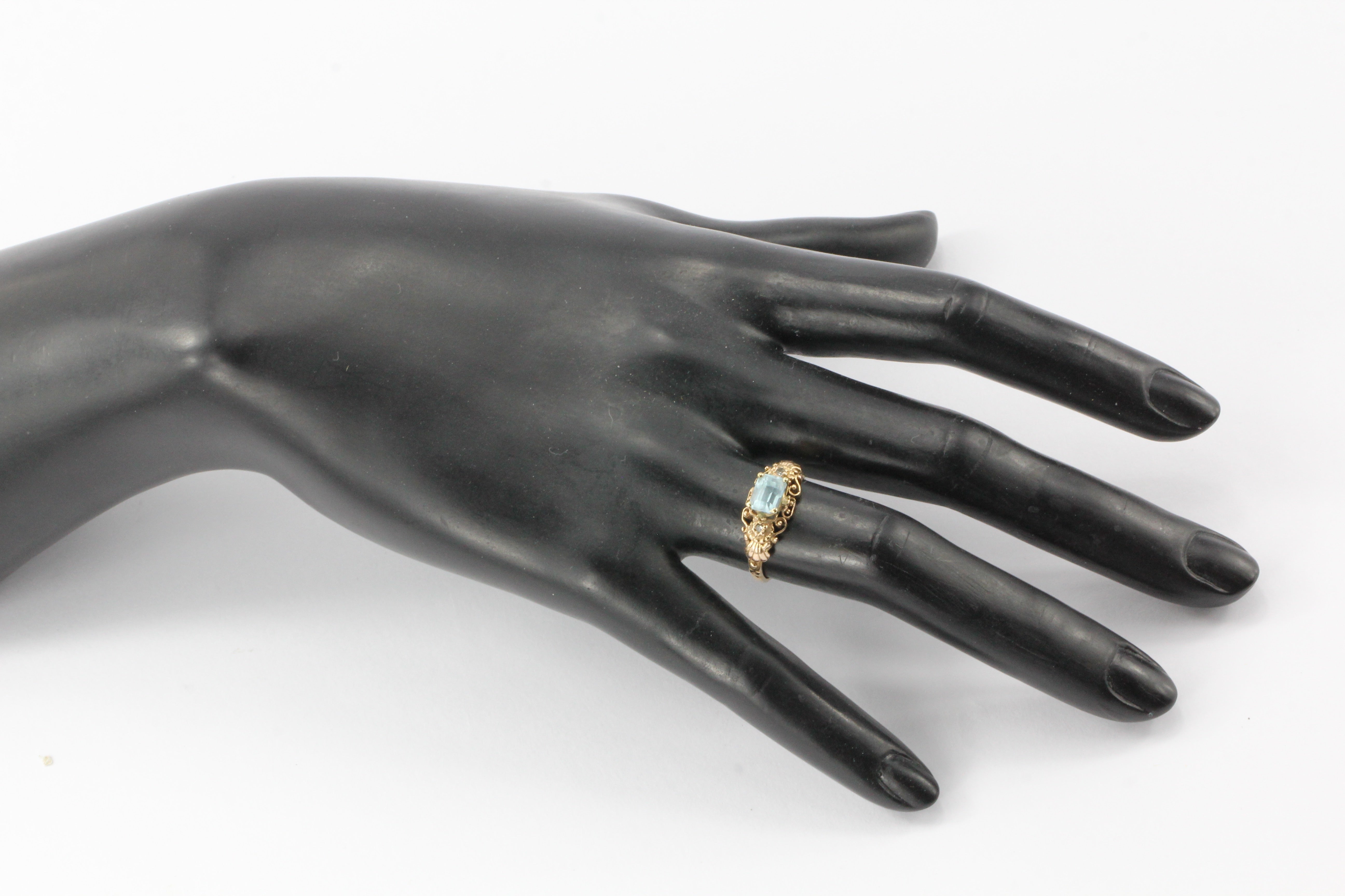Georgian Style 14K Gold Blue Topaz & Old Mine Diamond Ring - Queen May