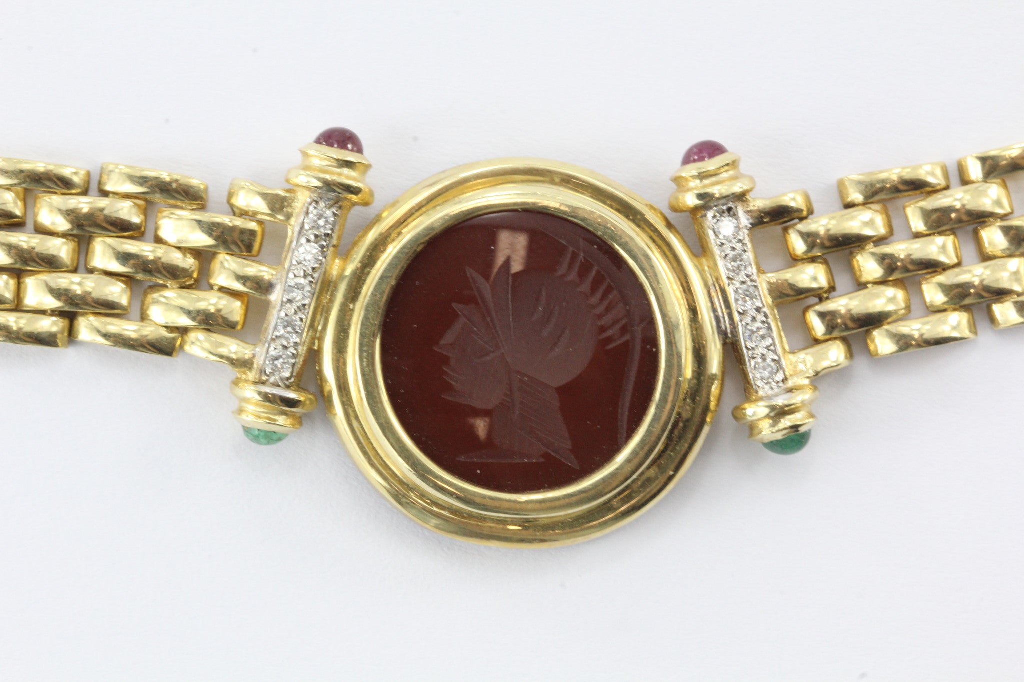 Vintage 14K Gold Greek Warrior Carnelian Cameo Diamond Emerald Ruby Necklace - Queen May