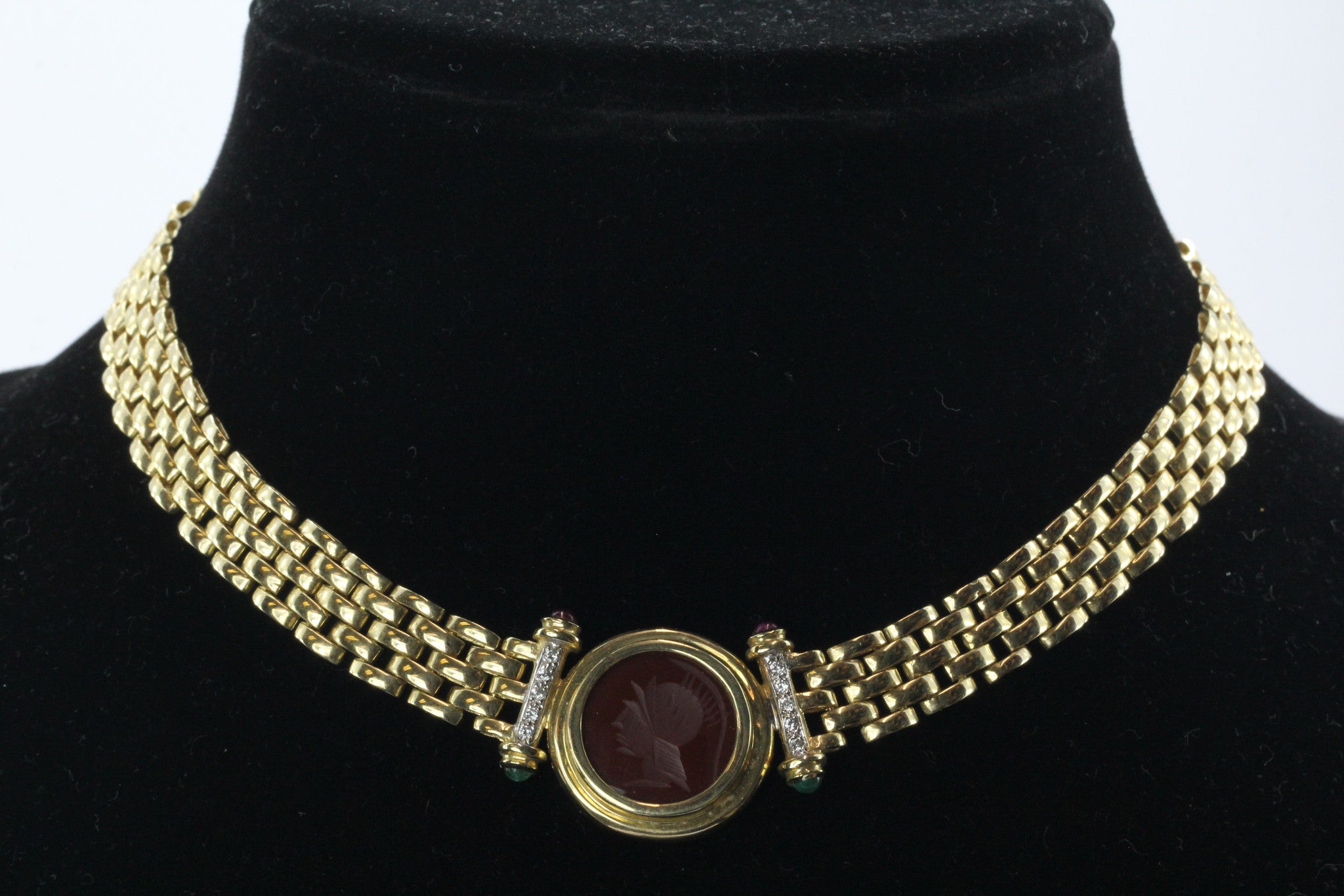 Vintage 14K Gold Greek Warrior Carnelian Cameo Diamond Emerald Ruby Necklace - Queen May