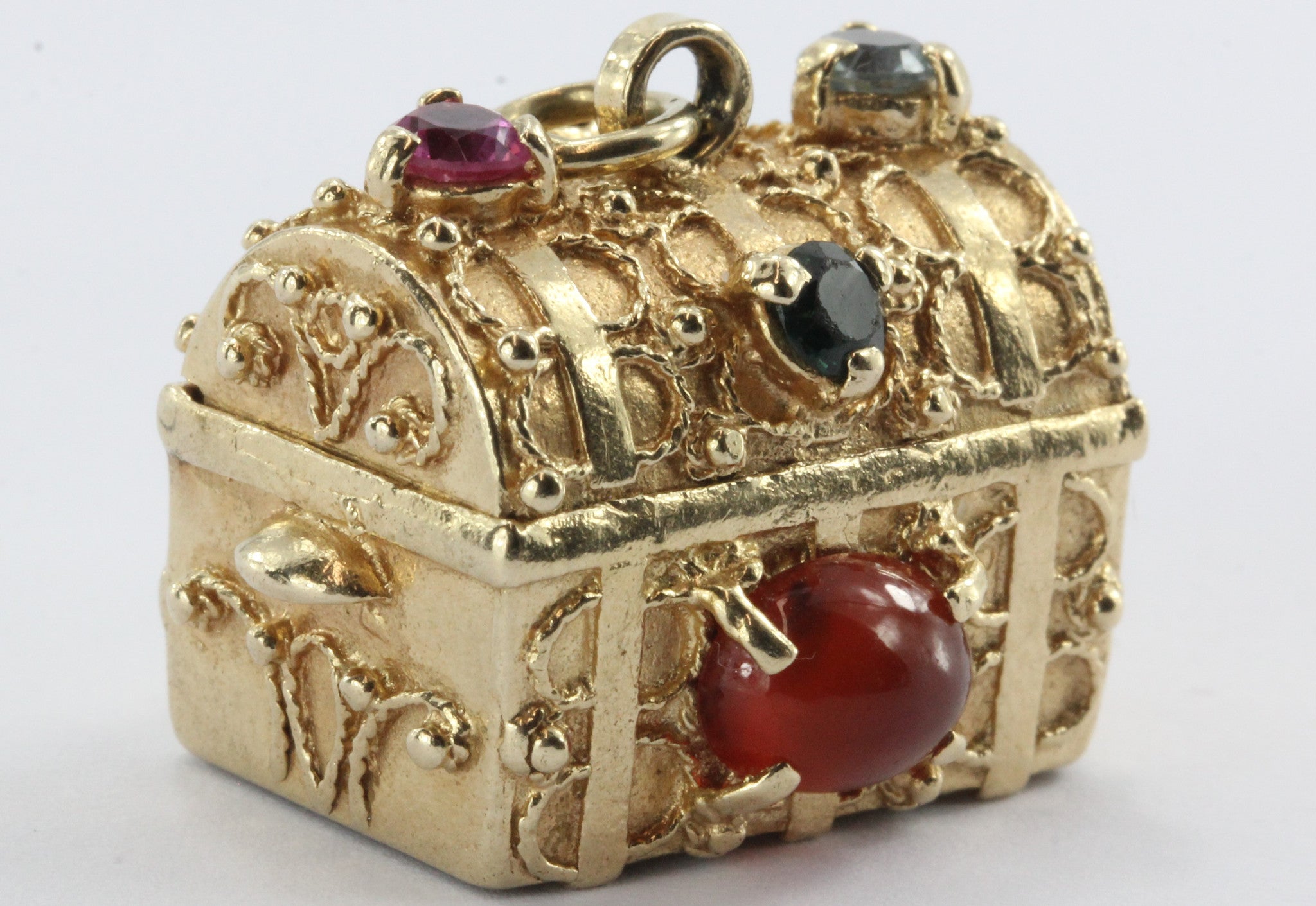 Vintage 14K Gold Gem Stone Studded Etruscan Treasure Chest Pendant Charm - Queen May