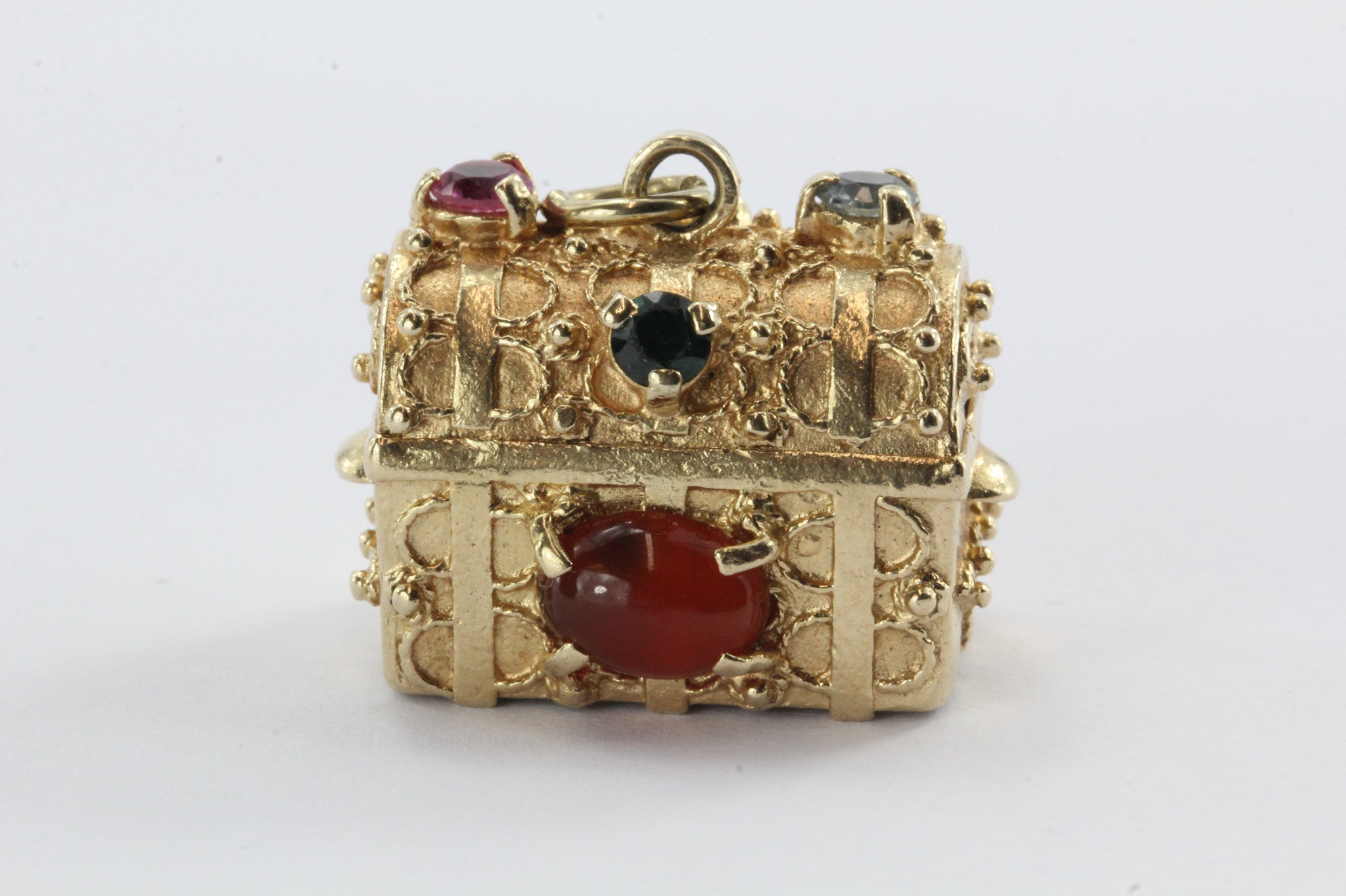 Vintage 14K Gold Gem Stone Studded Etruscan Treasure Chest Pendant Charm - Queen May
